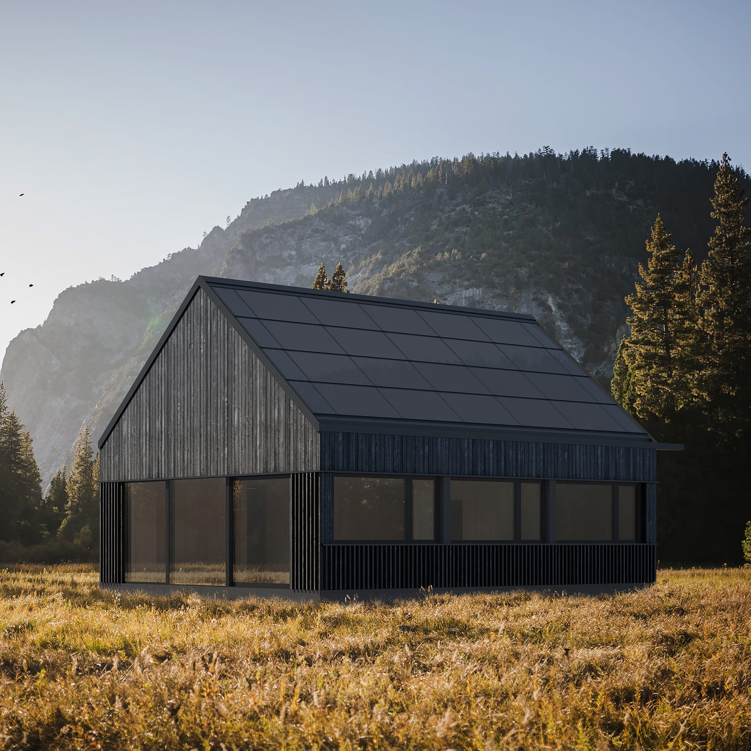 A dark, modern house with a roof entirely covered with photovoltaic panels, standing on a meadow at the foot of forested mountains.