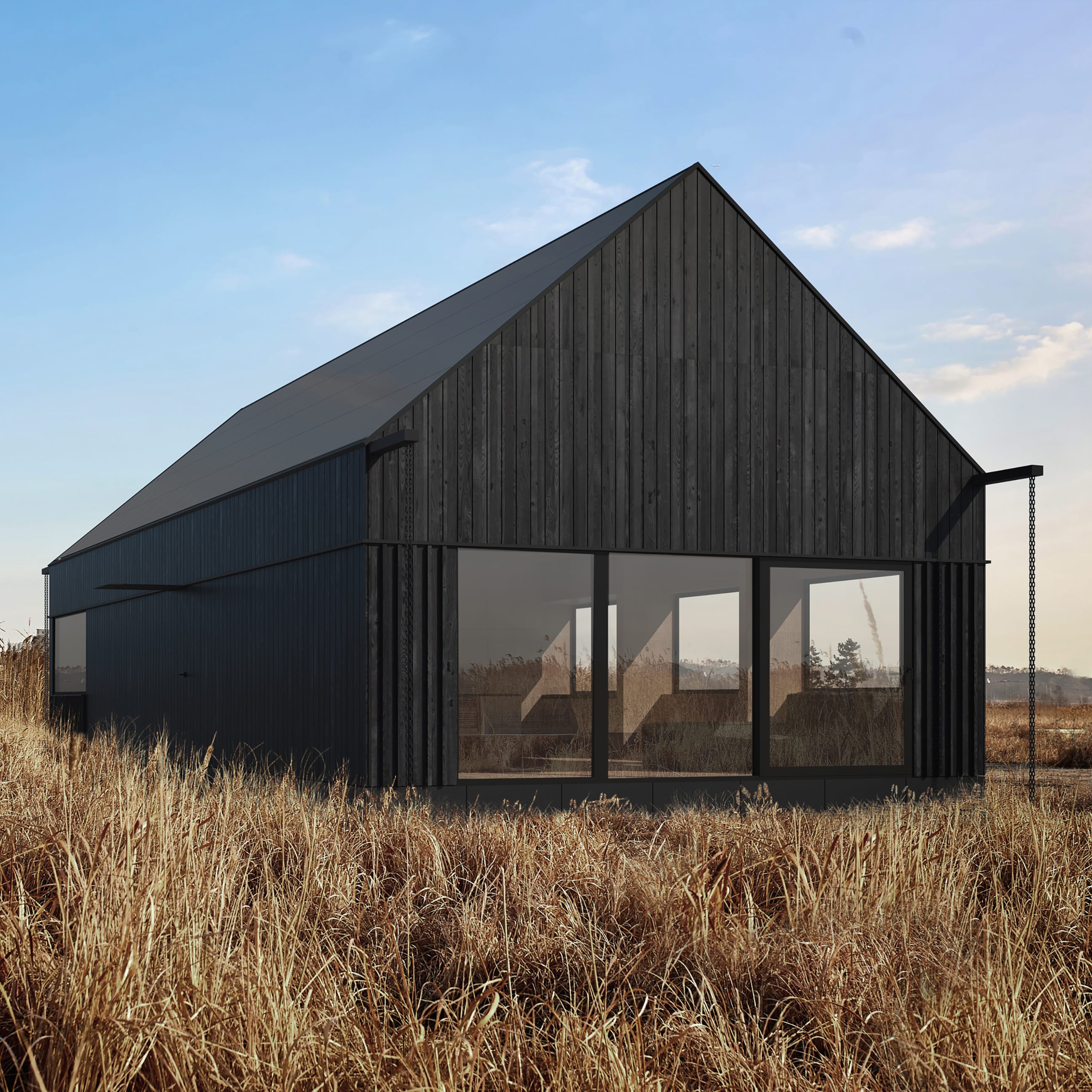 A black, modern barn-style house stands in a field of tall, dry grass. The building has a vertical plank facade and large windows.
