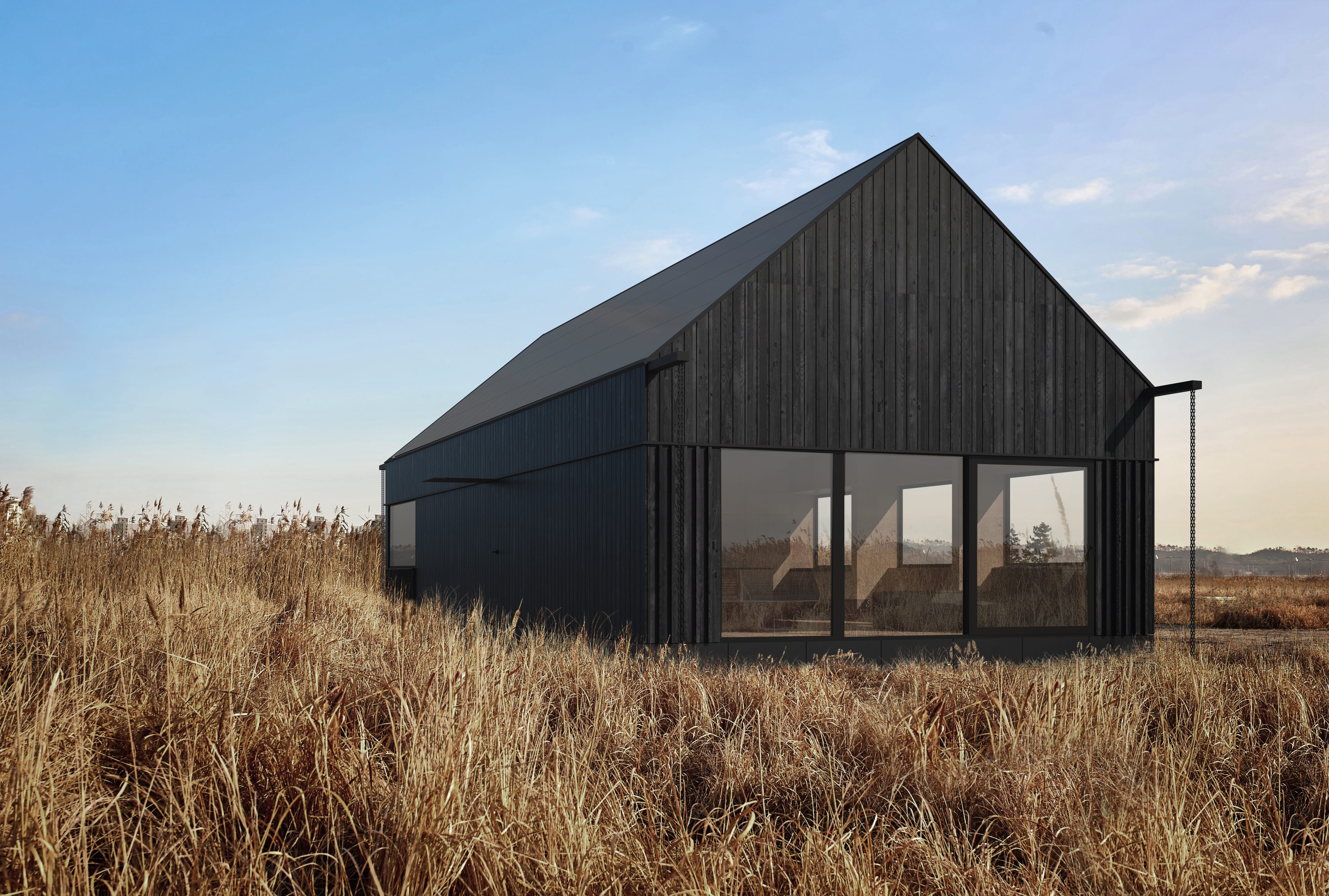 A black, modern barn-style house stands in a field of tall, dry grass. The building has a vertical plank facade and large windows.