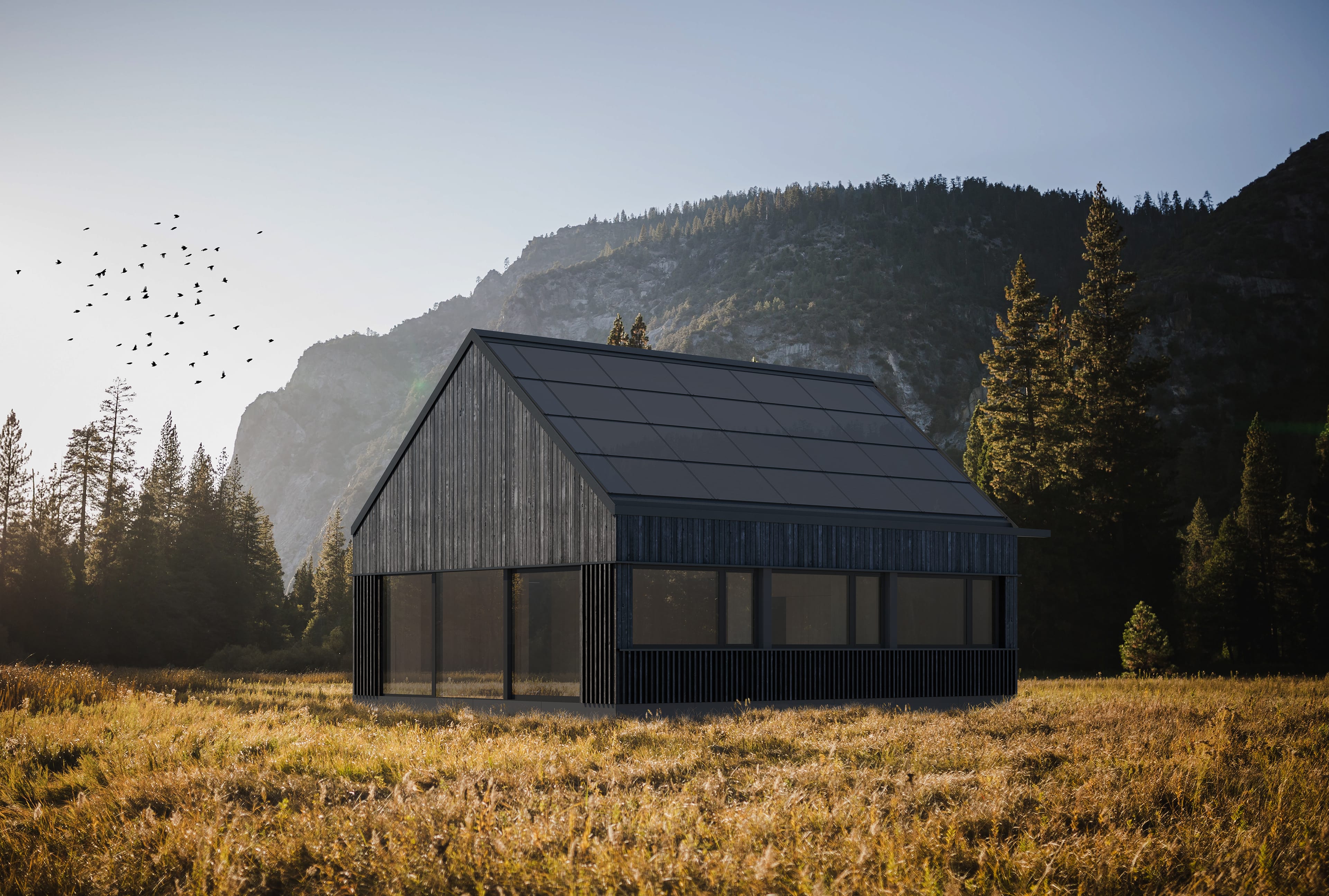 A dark, modern house with a roof entirely covered with photovoltaic panels, standing on a meadow at the foot of forested mountains.