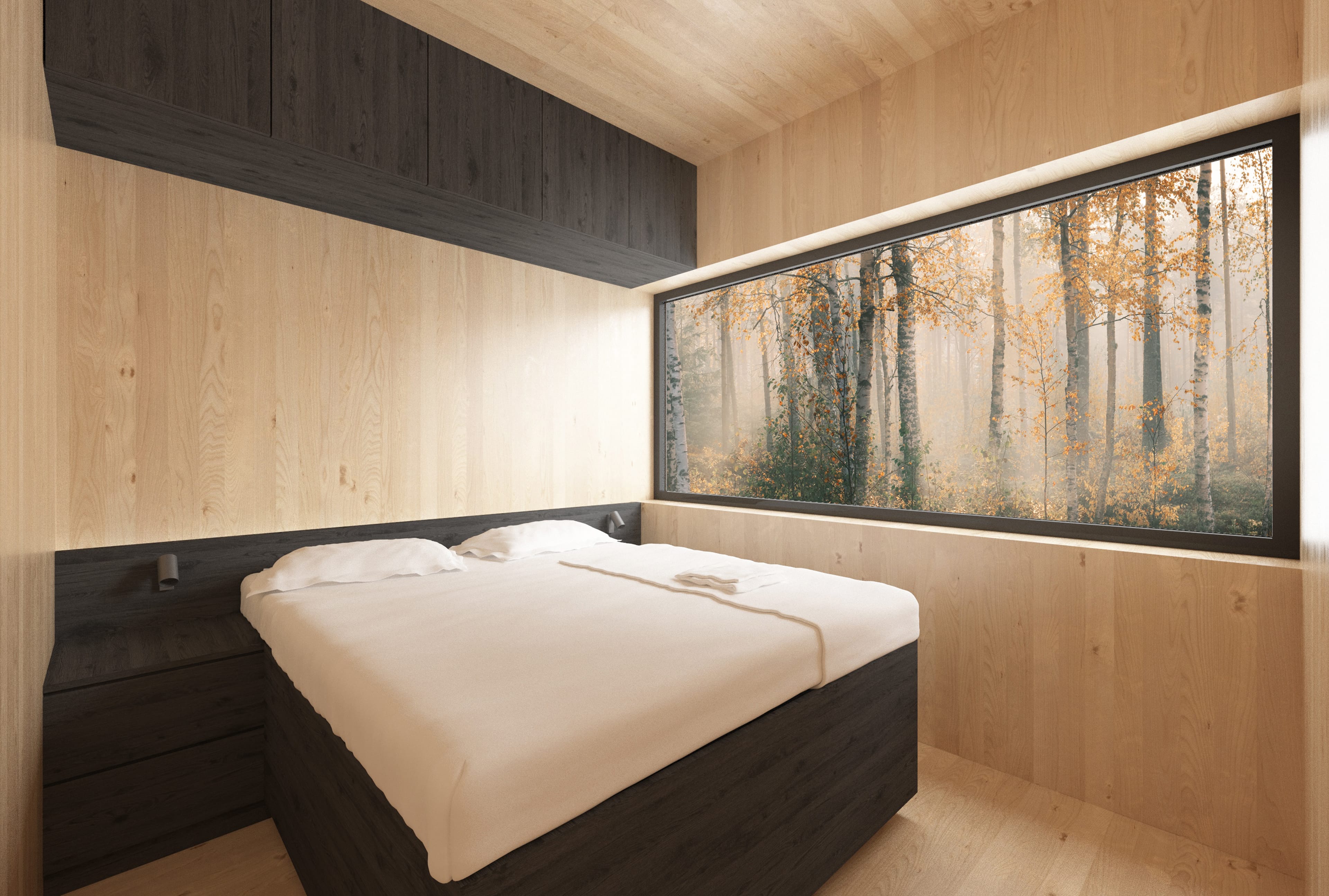 A modern bedroom finished in light wood. Behind the bed with a dark frame is a large panoramic window with a view of a misty autumn forest.