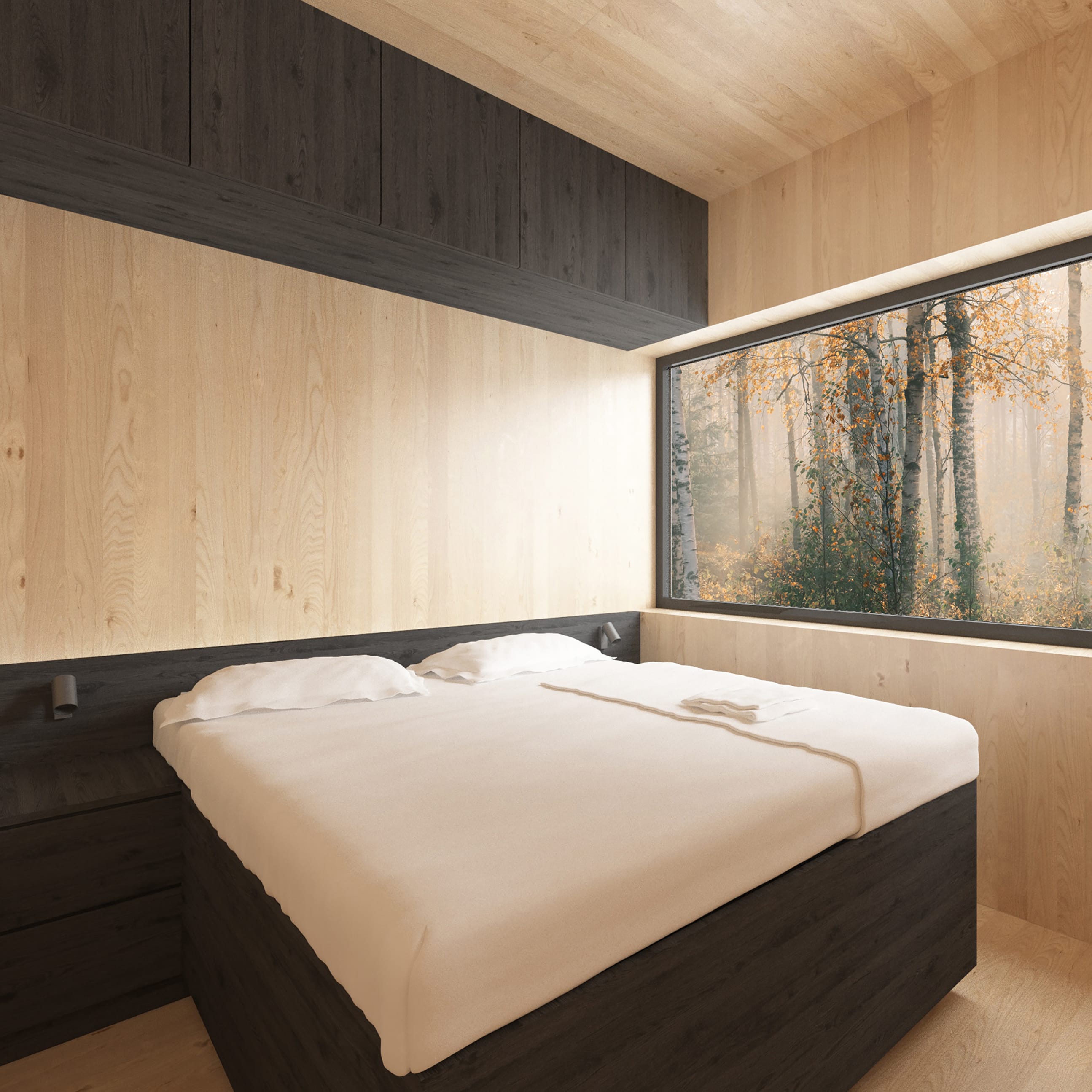 A modern bedroom finished in light wood. Behind the bed with a dark frame is a large panoramic window with a view of a misty autumn forest.