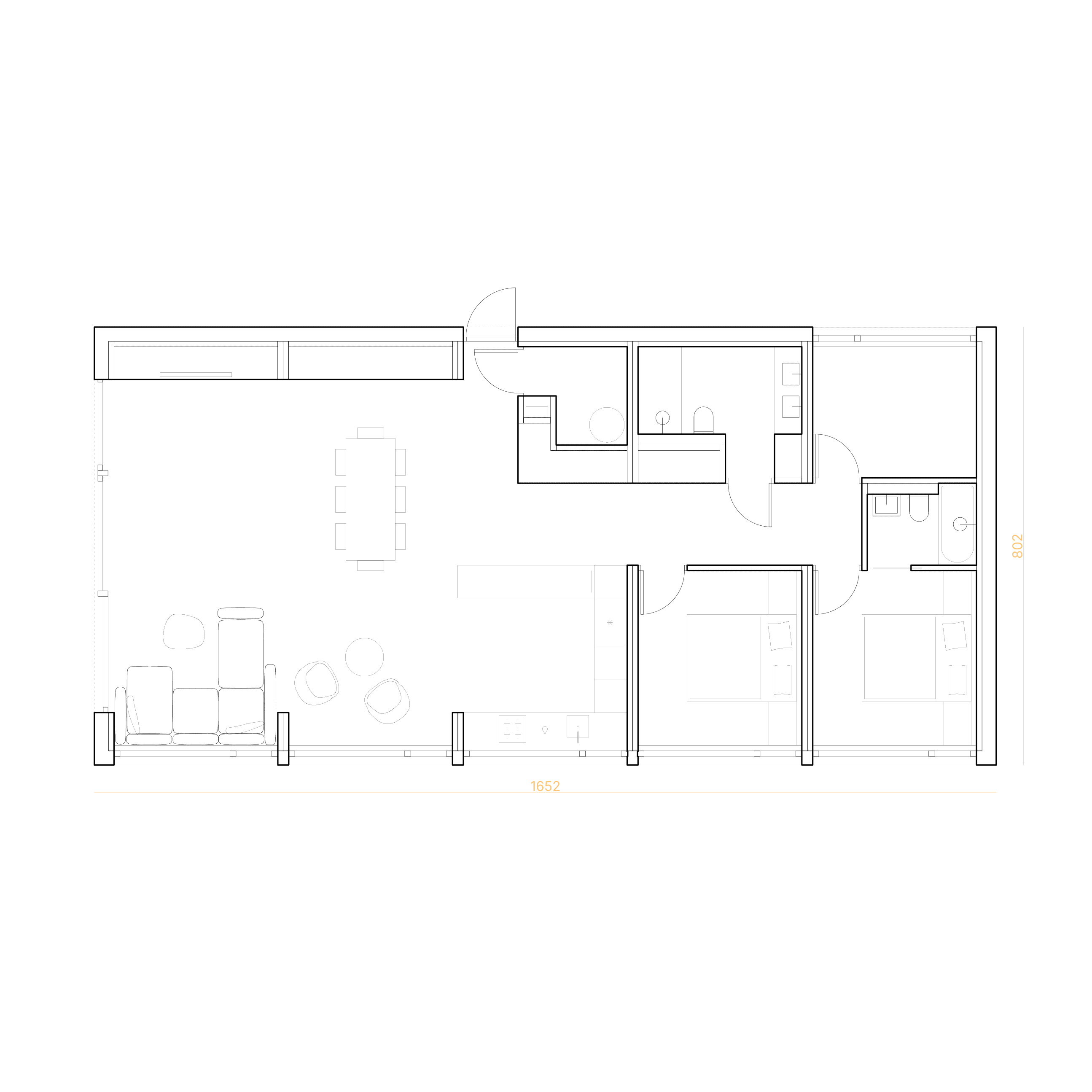Plan mieszkania z 2 sypialniami, 2 łazienkami i otwartym salonem z kuchnią i jadalnią.