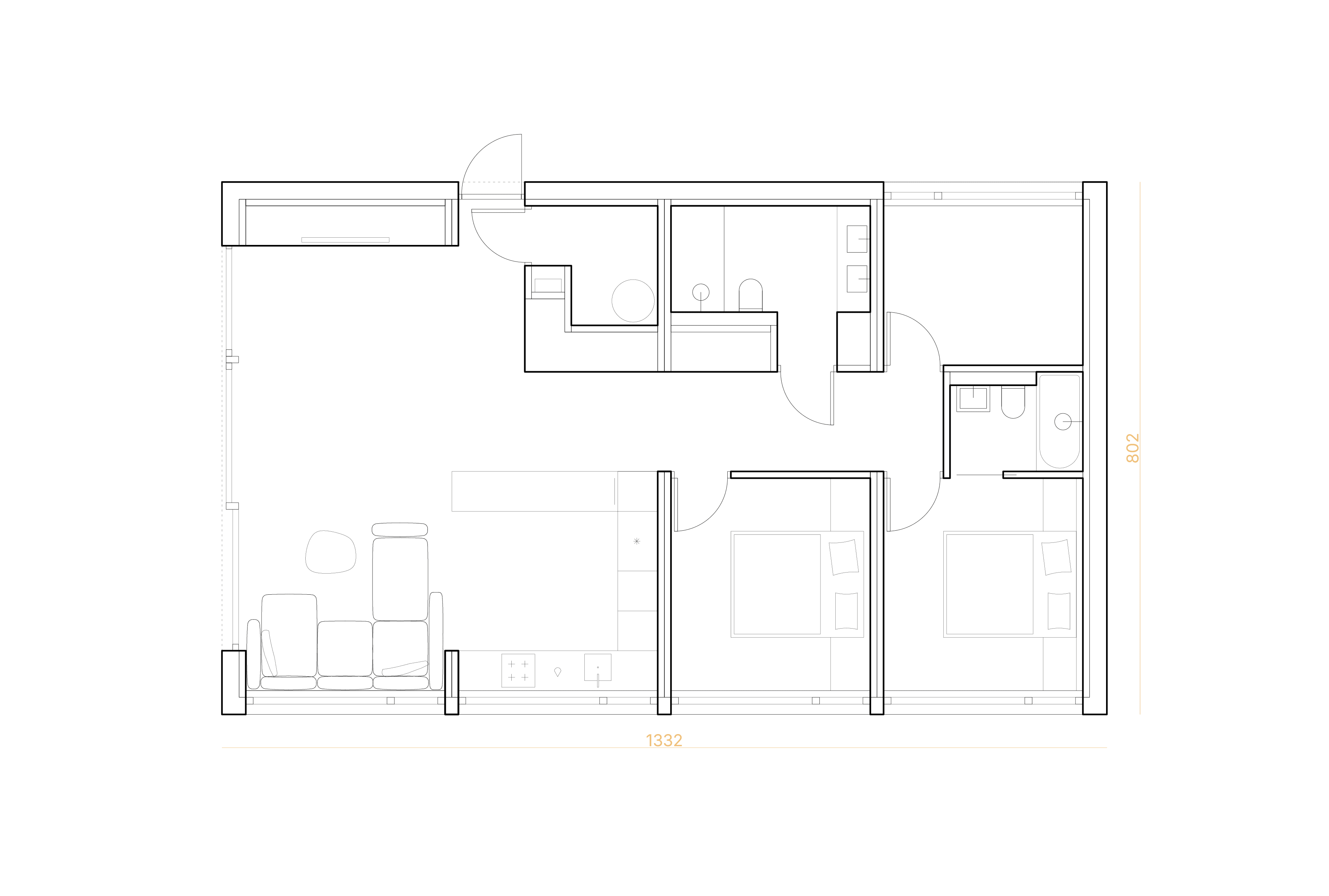 Rzut mieszkania z dwiema sypialniami, dwiema łazienkami i salonem z aneksem kuchennym.
