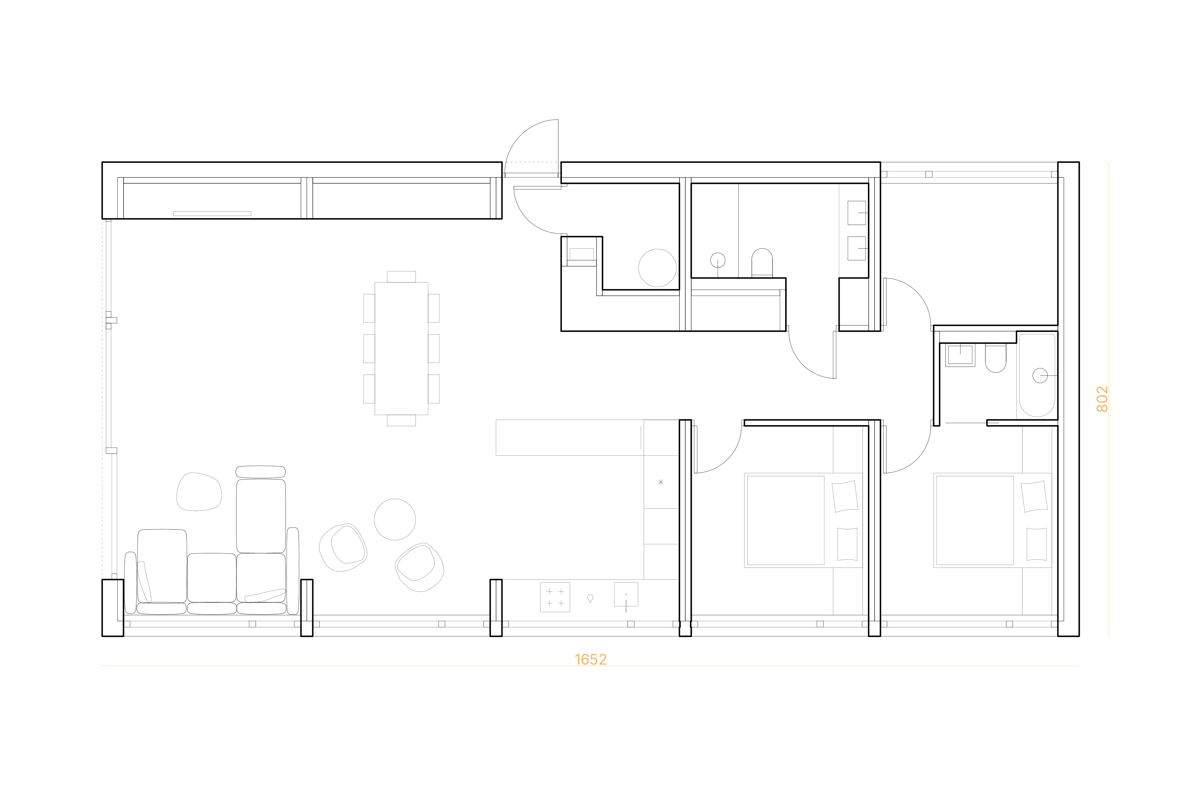 Plan mieszkania z 2 sypialniami, 2 łazienkami i otwartym salonem z kuchnią i jadalnią.