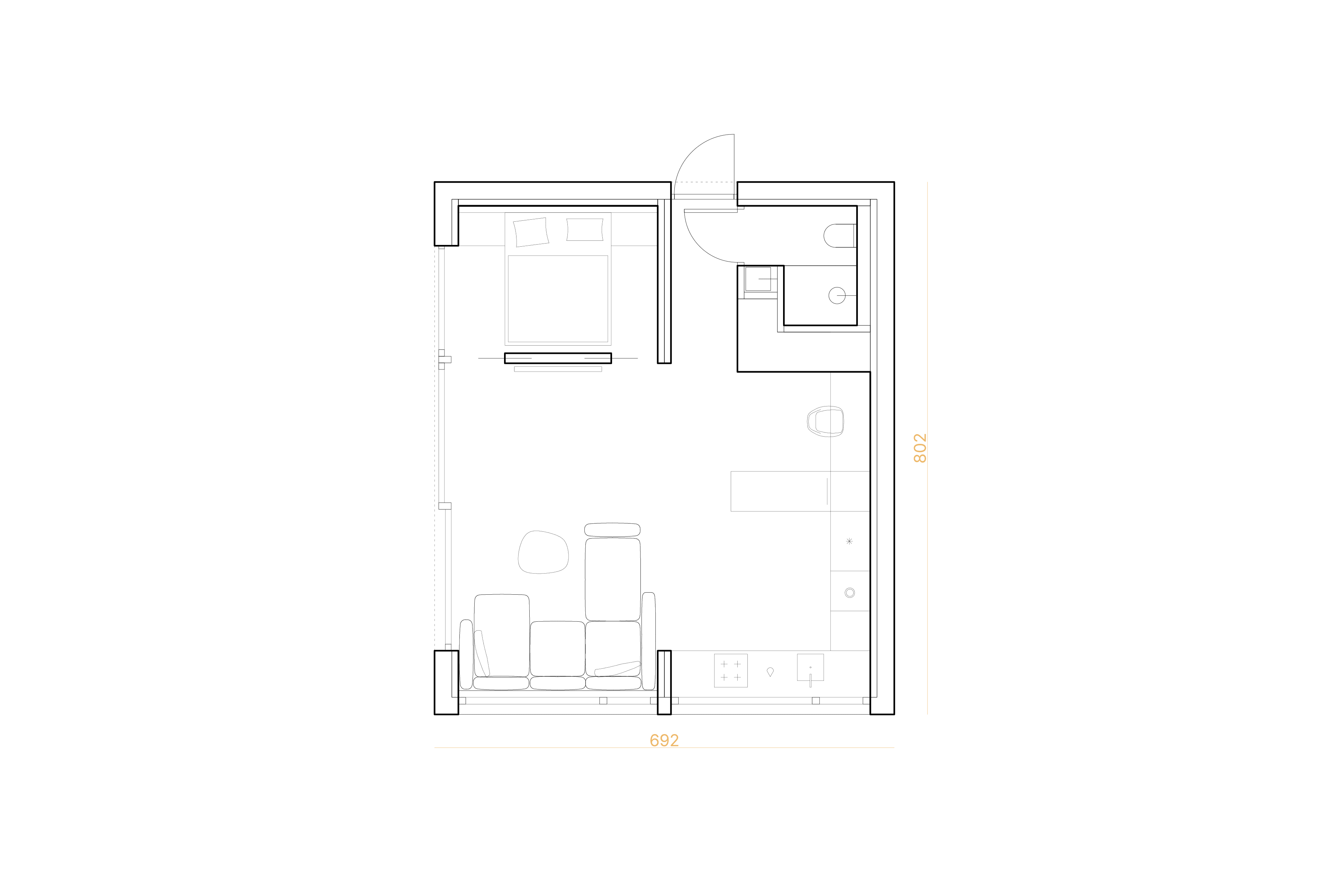 A minimalist floor plan of a house with a separate bathroom and an open living room area connected to the bedroom.