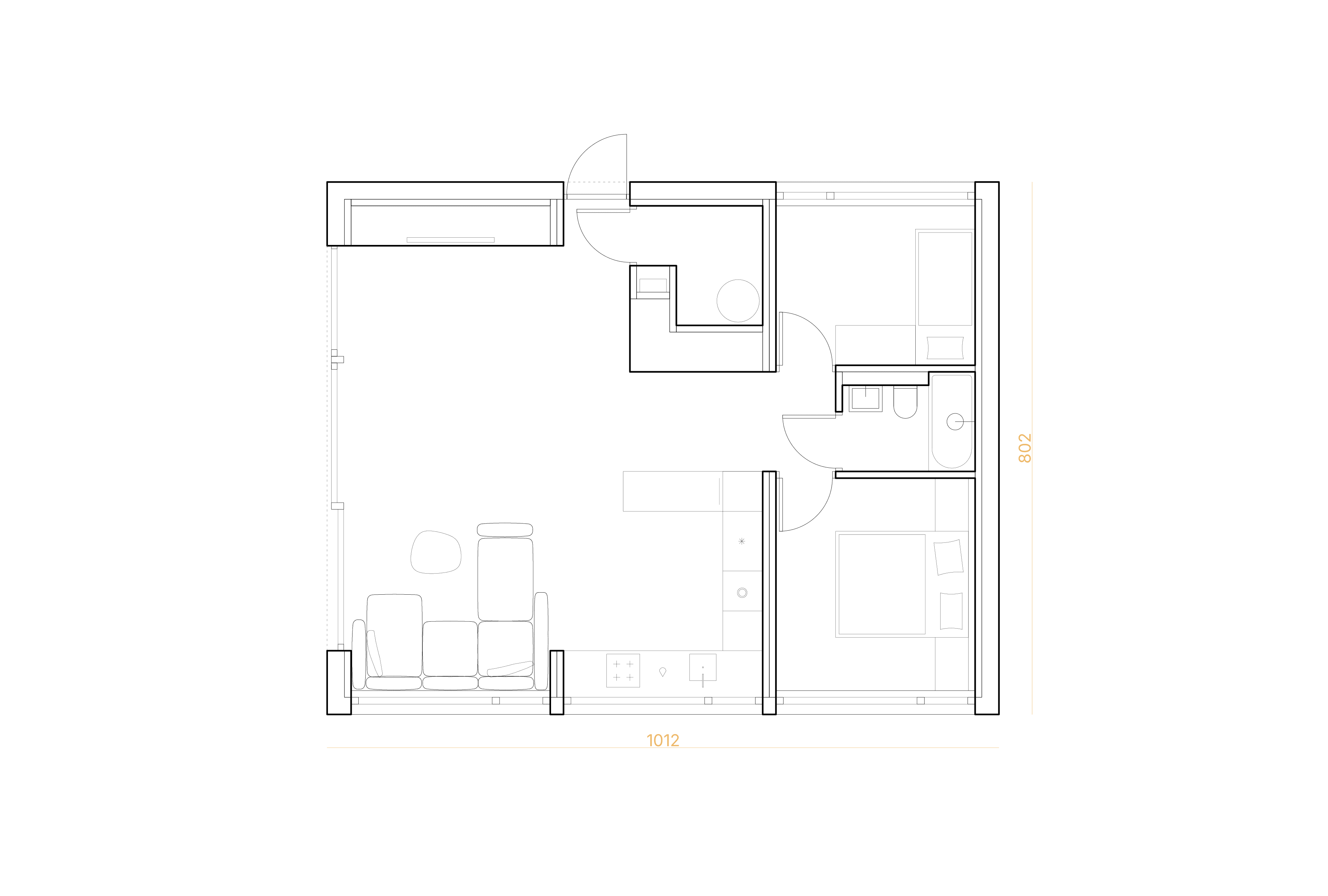A schematic floor plan of an apartment with one bedroom, a bathroom, and a living room connected to a kitchenette.
