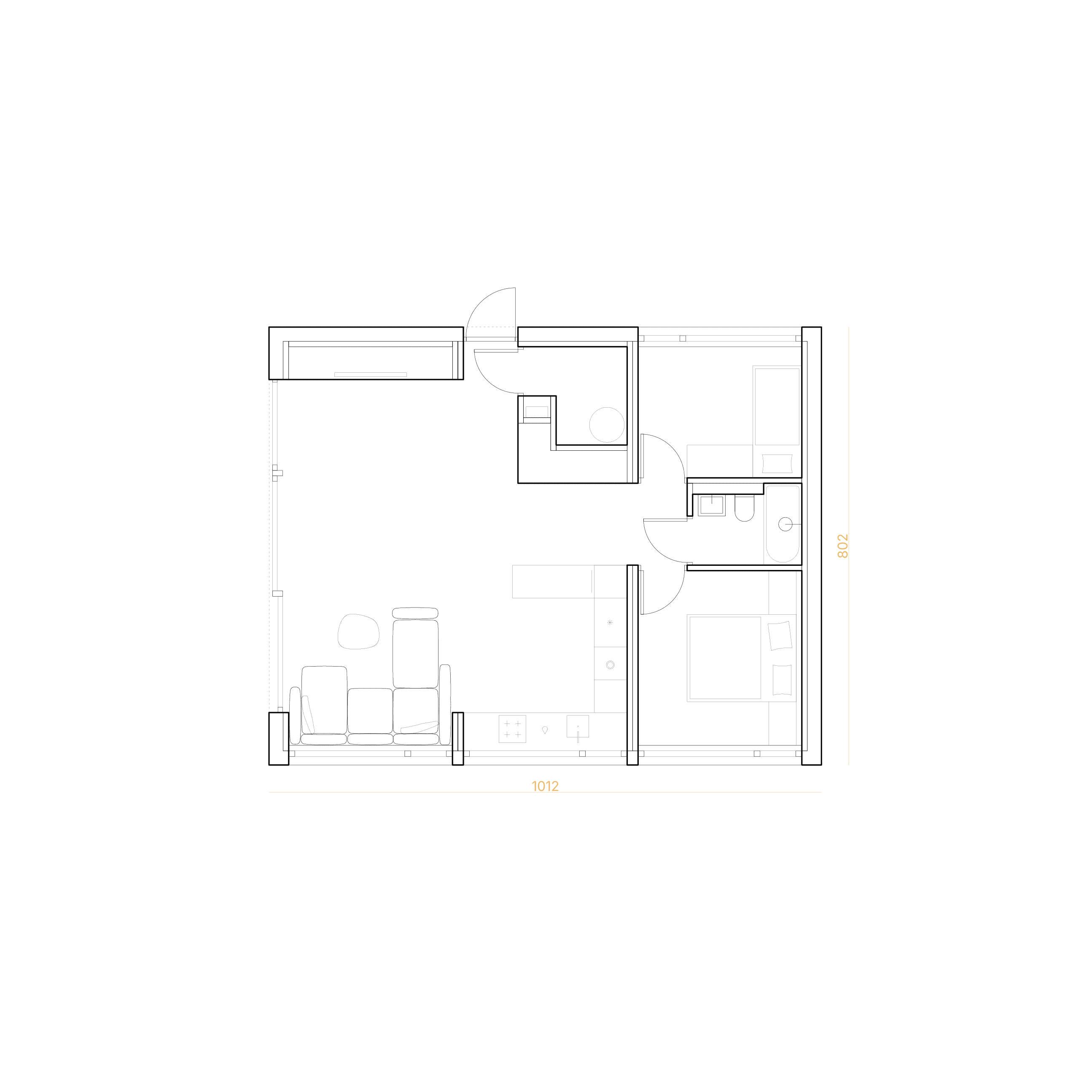 A schematic floor plan of an apartment with one bedroom, a bathroom, and a living room connected to a kitchenette.