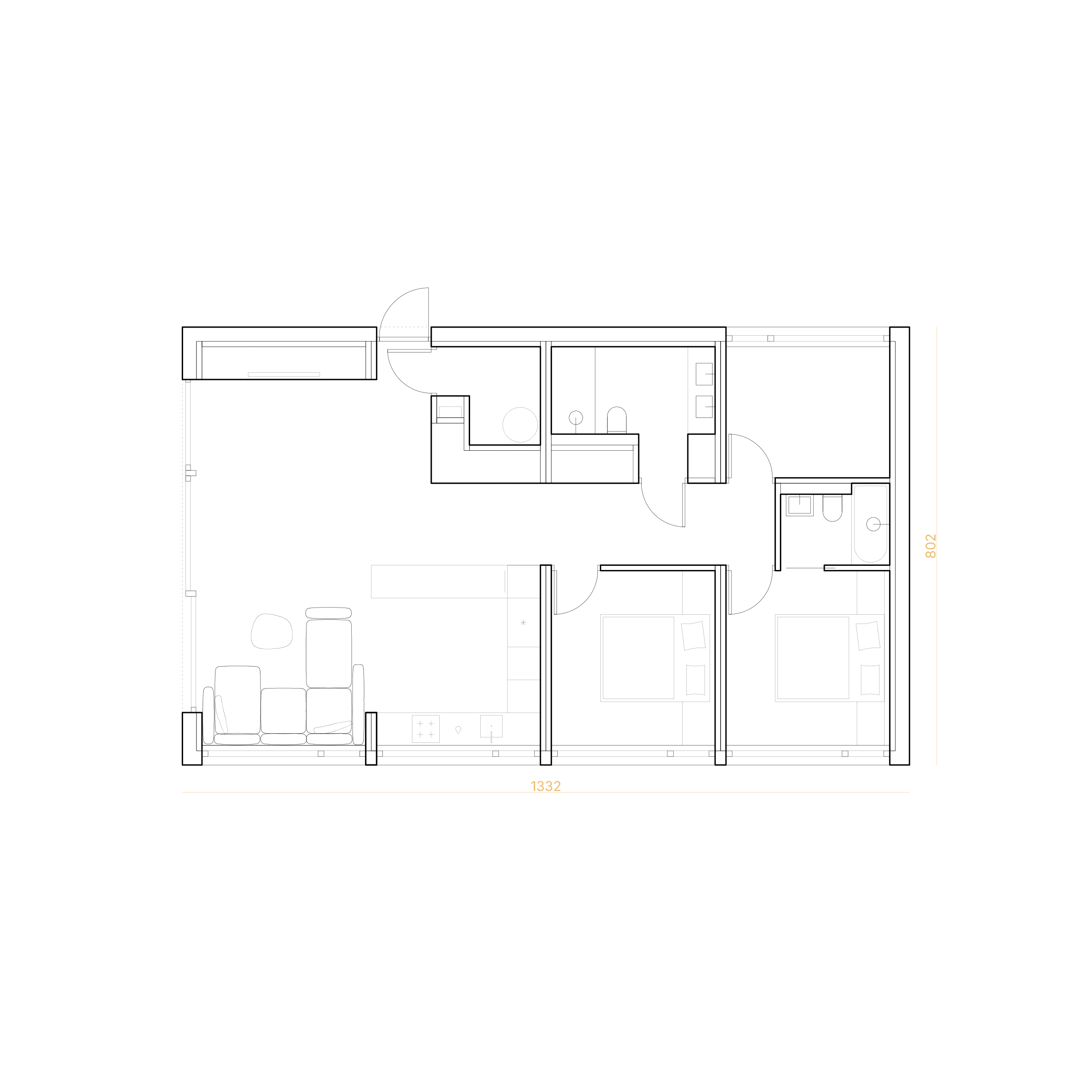 A floor plan of an apartment with two bedrooms, two bathrooms, and a living room with a kitchenette.