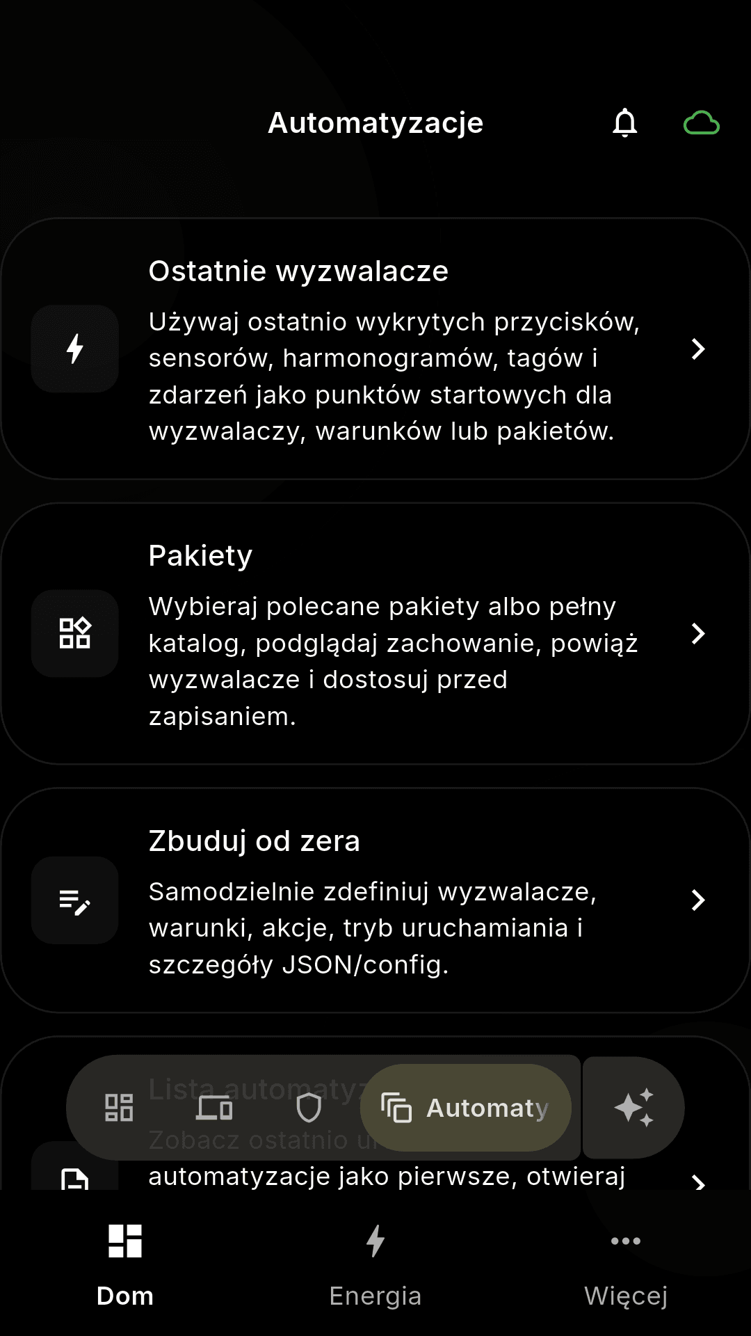 Edytor automatyzacji Hombee z celami, logiką wyzwalania i zdarzeniem słonecznym.