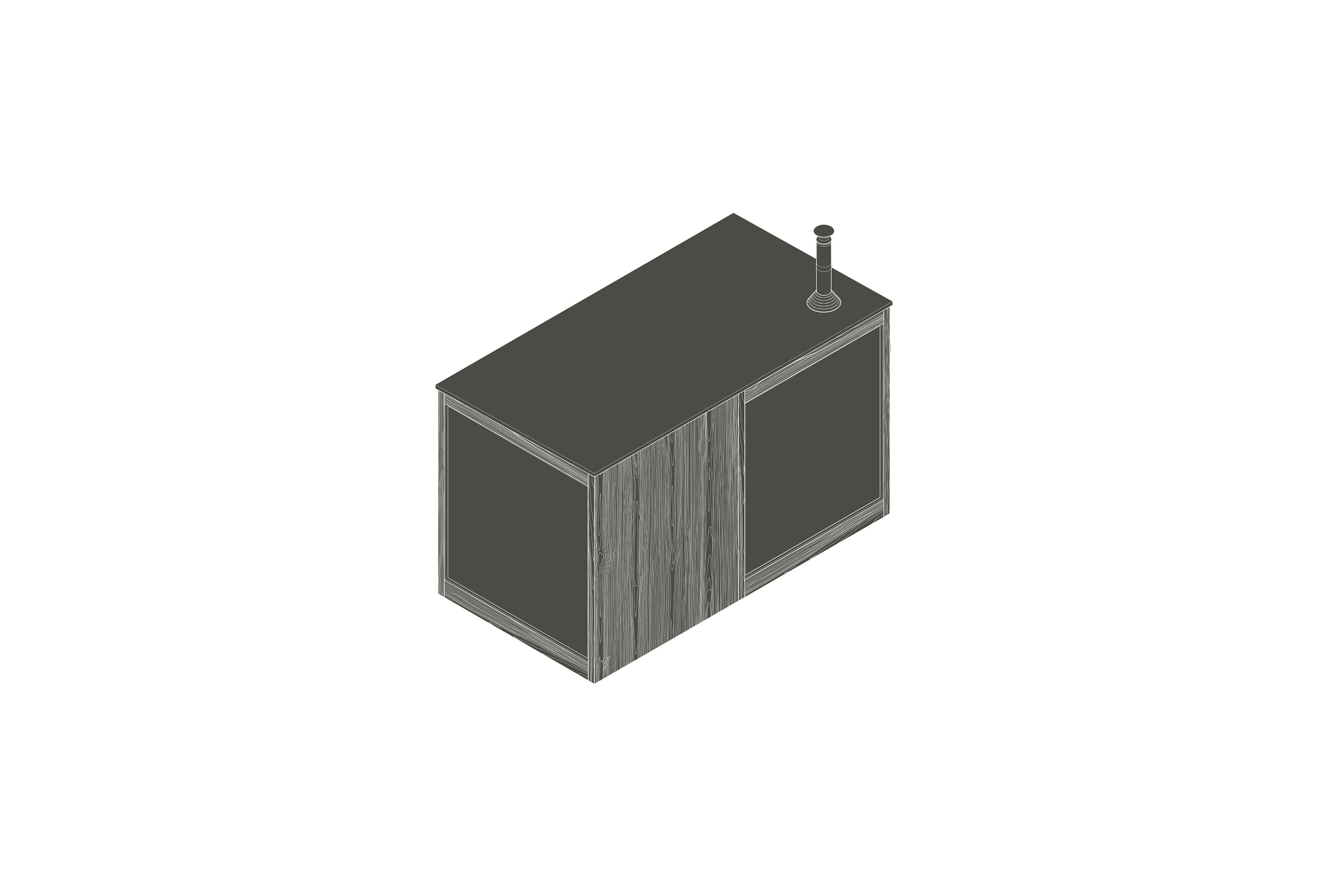 A simplified 3D model of a free-standing sauna. The building has a wooden facade, large glazing on one side and a chimney on the roof