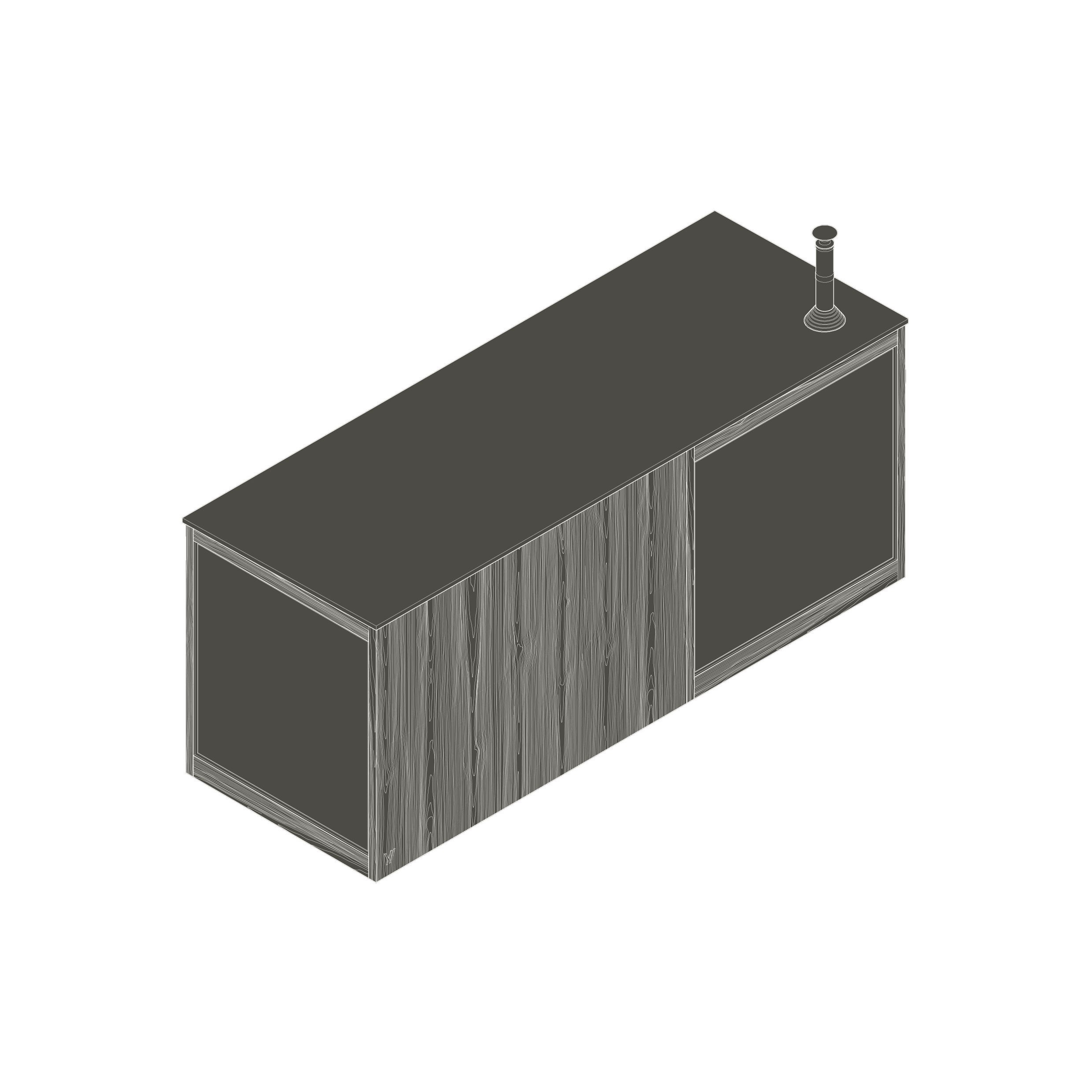 A simplified 3D model of a free-standing sauna. The building has a wooden facade, large glazing on one side and a chimney on the roof