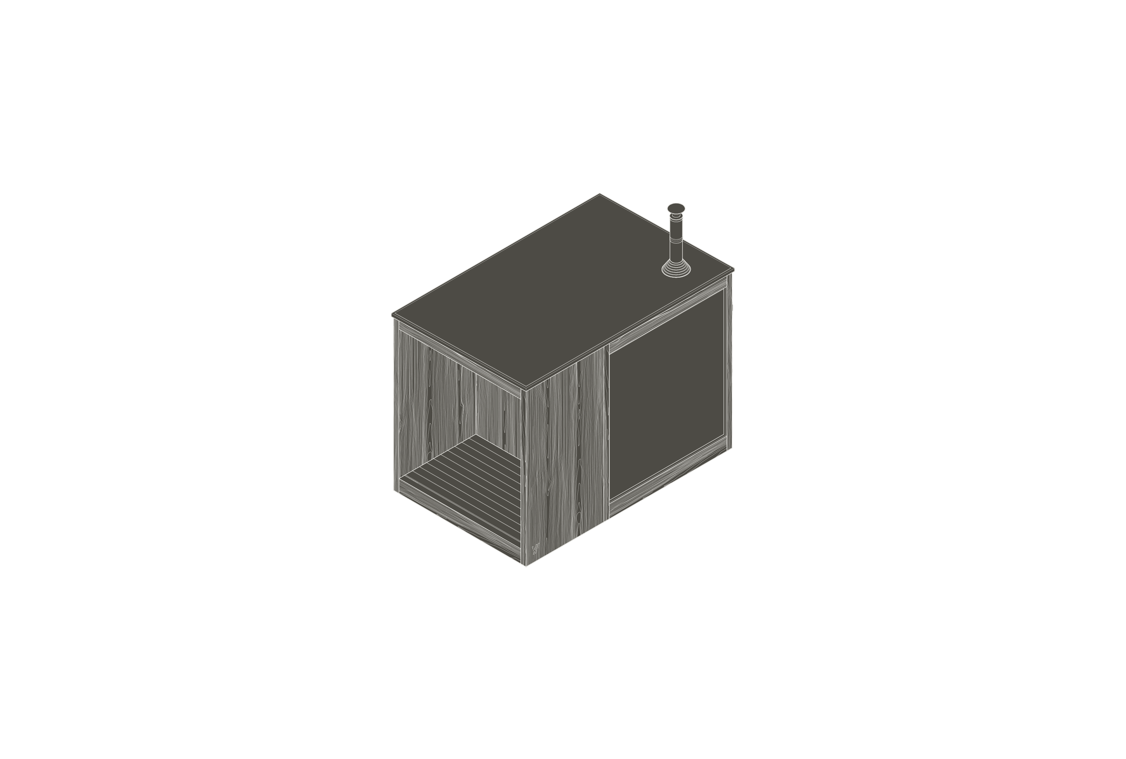 A simplified 3D model of a free-standing sauna. The building has a wooden facade, large glazing on one side and a chimney on the roof.