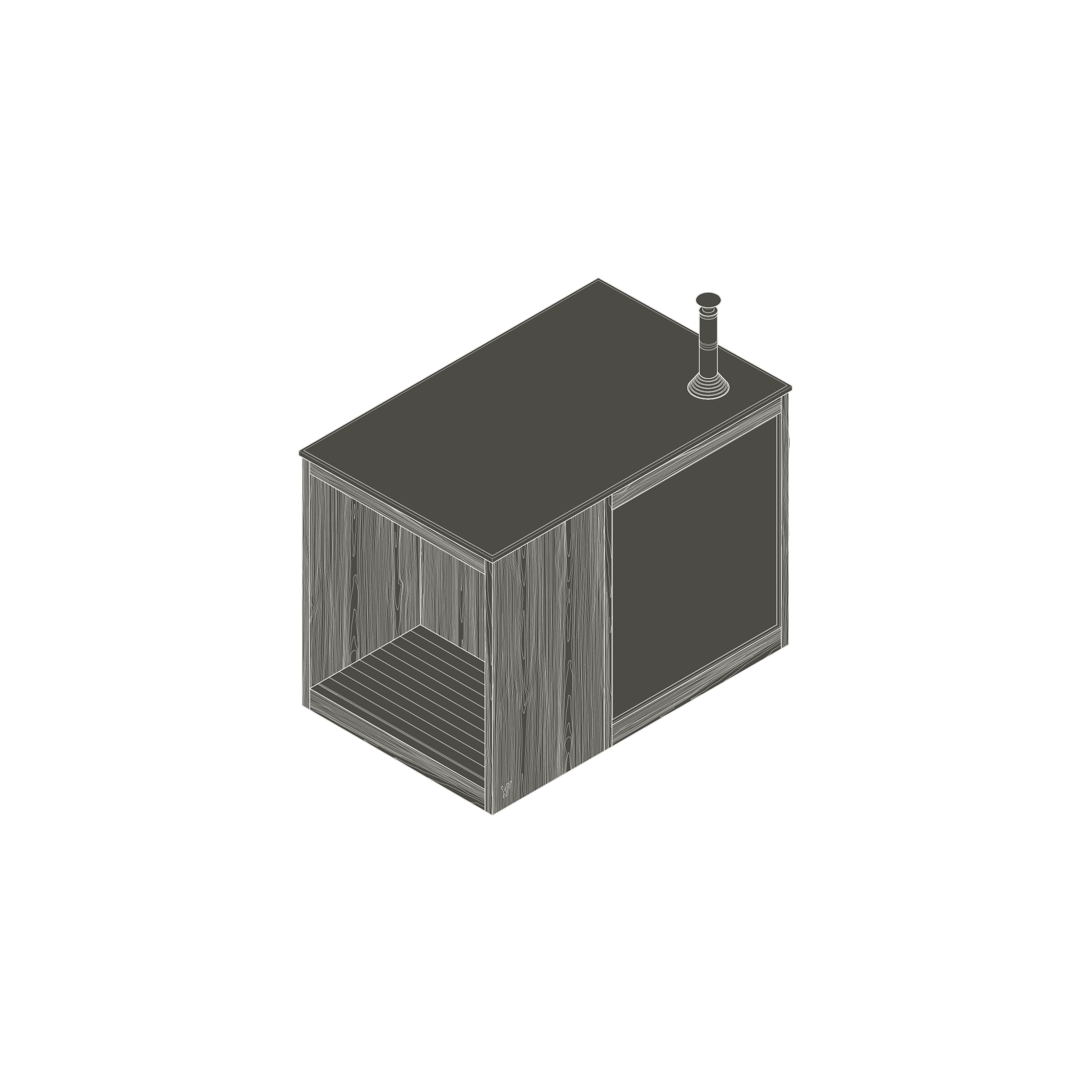 A simplified 3D model of a free-standing sauna. The building has a wooden facade, large glazing on one side and a chimney on the roof.
