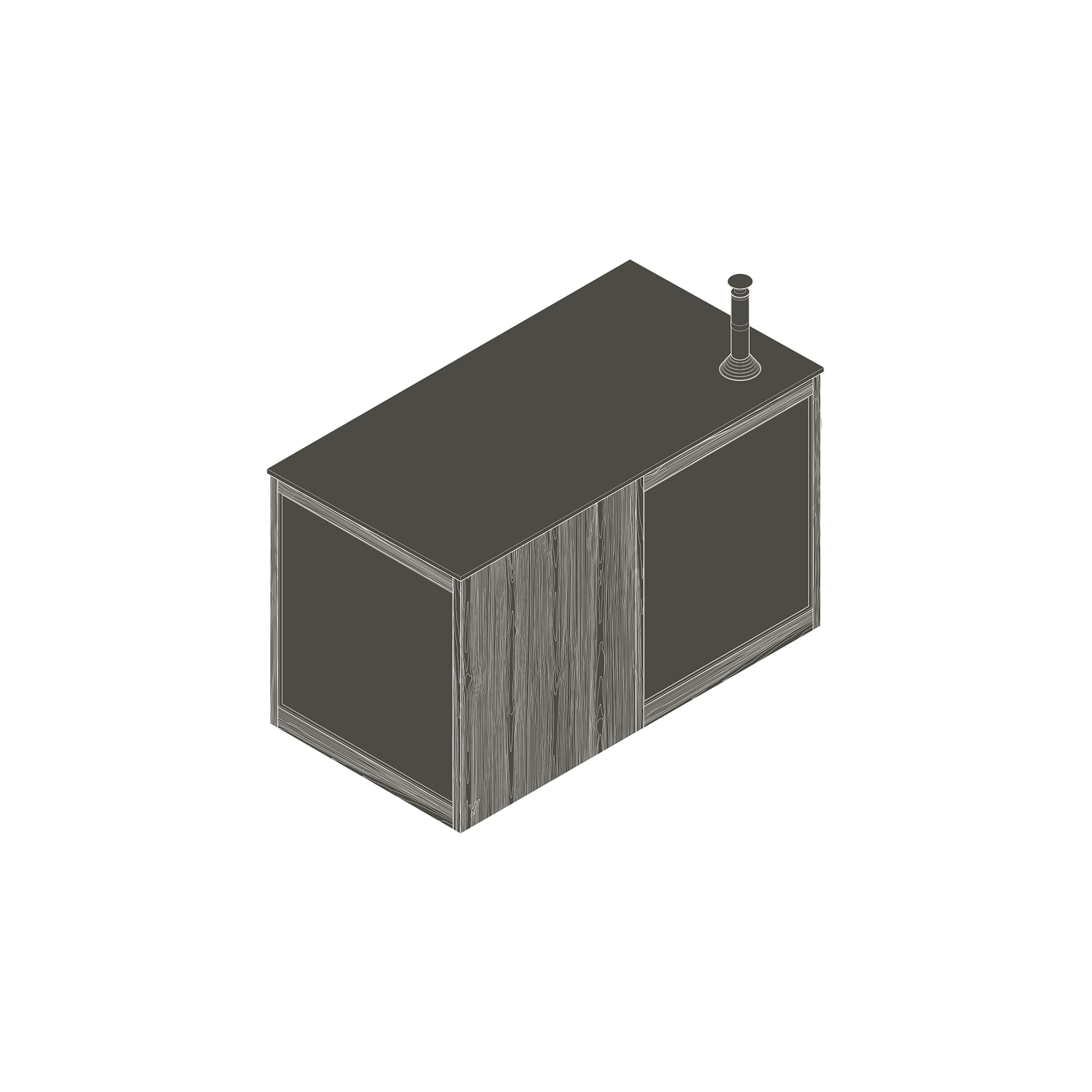 A simplified 3D model of a free-standing sauna. The building has a wooden facade, large glazing on one side and a chimney on the roof