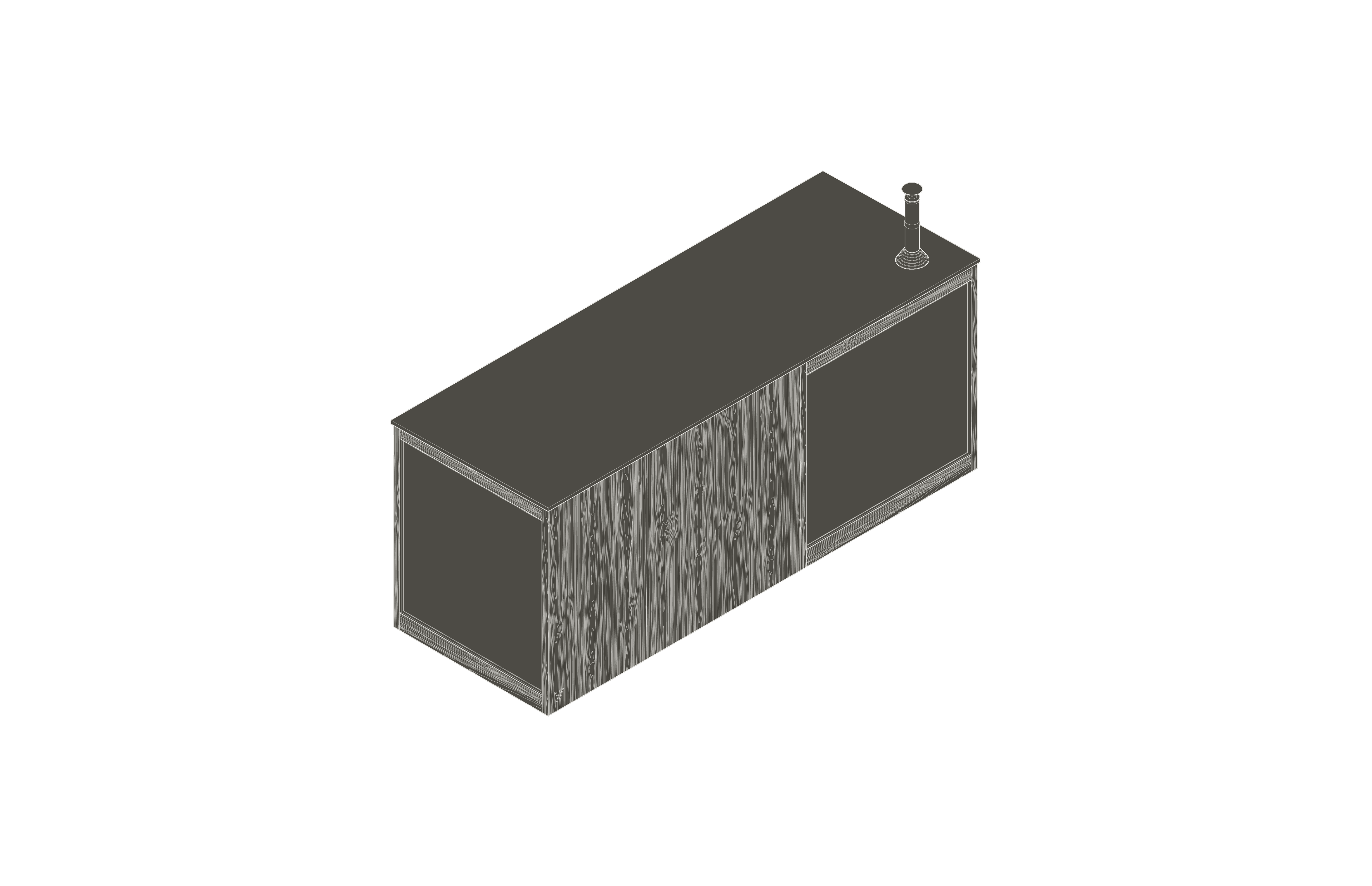 A simplified 3D model of a free-standing sauna. The building has a wooden facade, large glazing on one side and a chimney on the roof