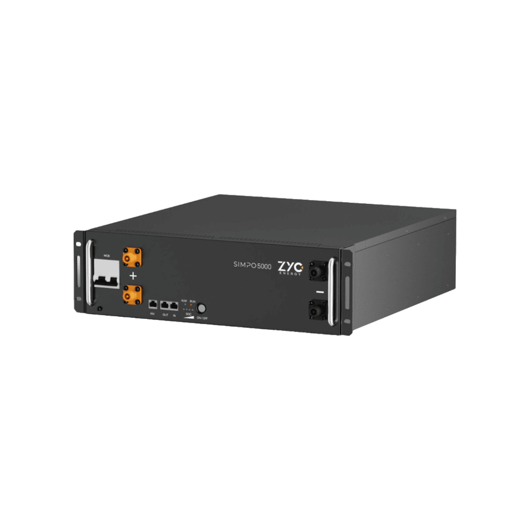 A black ZYC energy storage battery, with visible connection ports and handles on the front.