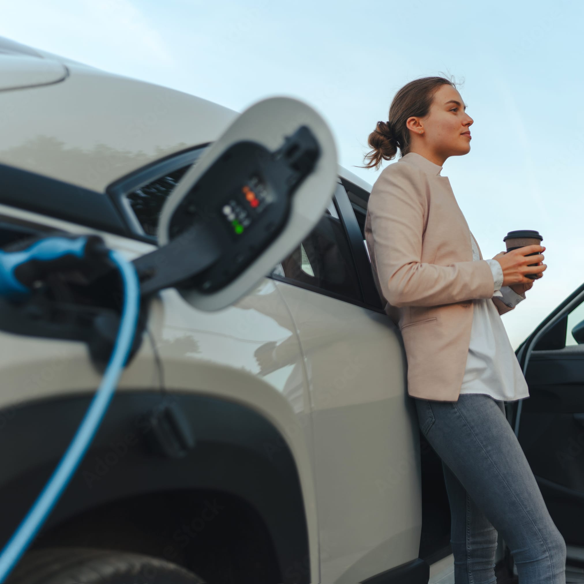 A woman with coffee is leaning against a white electric car that is being charged. In the foreground, a charging port with a plug is visible.