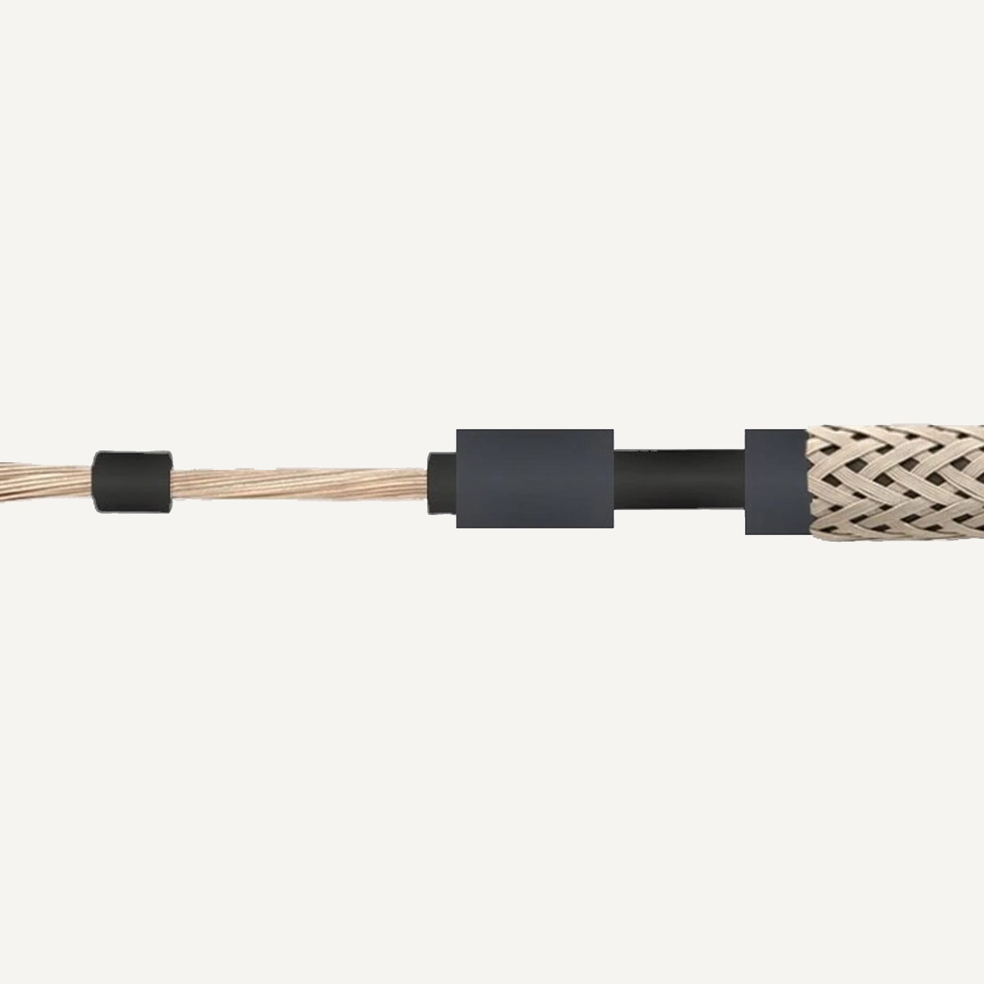 A product photo showing the components of a cable: a copper core, black connectors, and a beige-and-black outer braid.