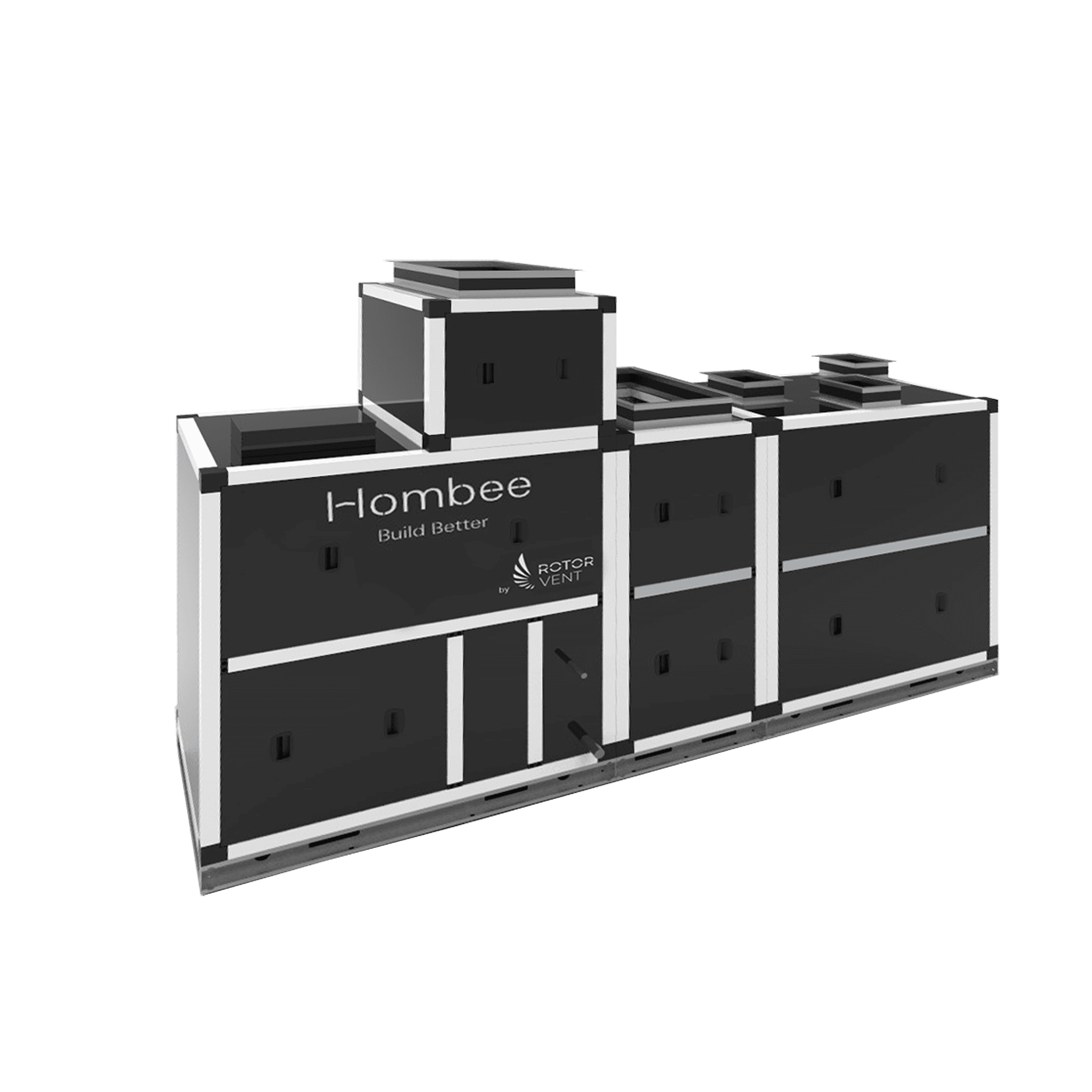Large "Hombee" ventilation unit in a black casing with silver profiles and numerous inspection doors.
