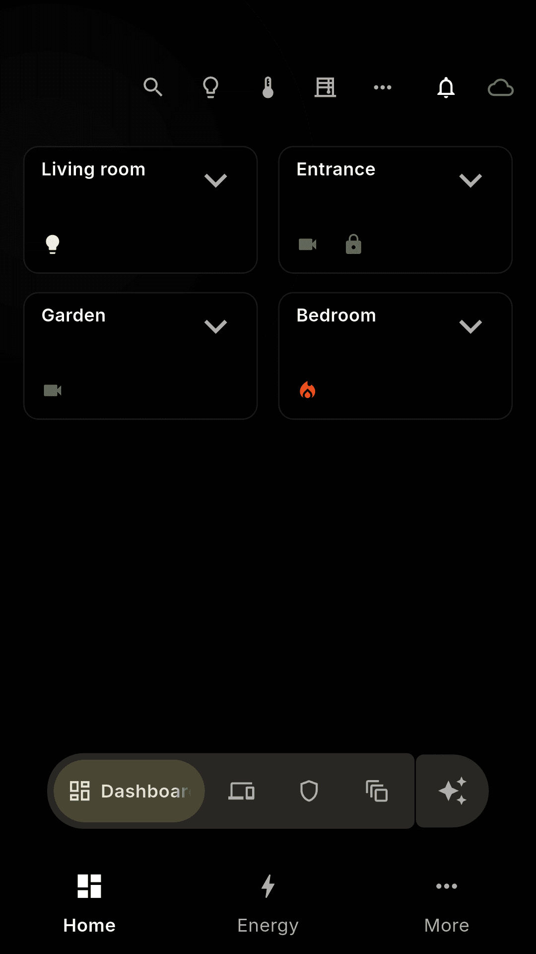 Hombee dashboard grouping the living room, kitchen, bedroom, office and garage.
