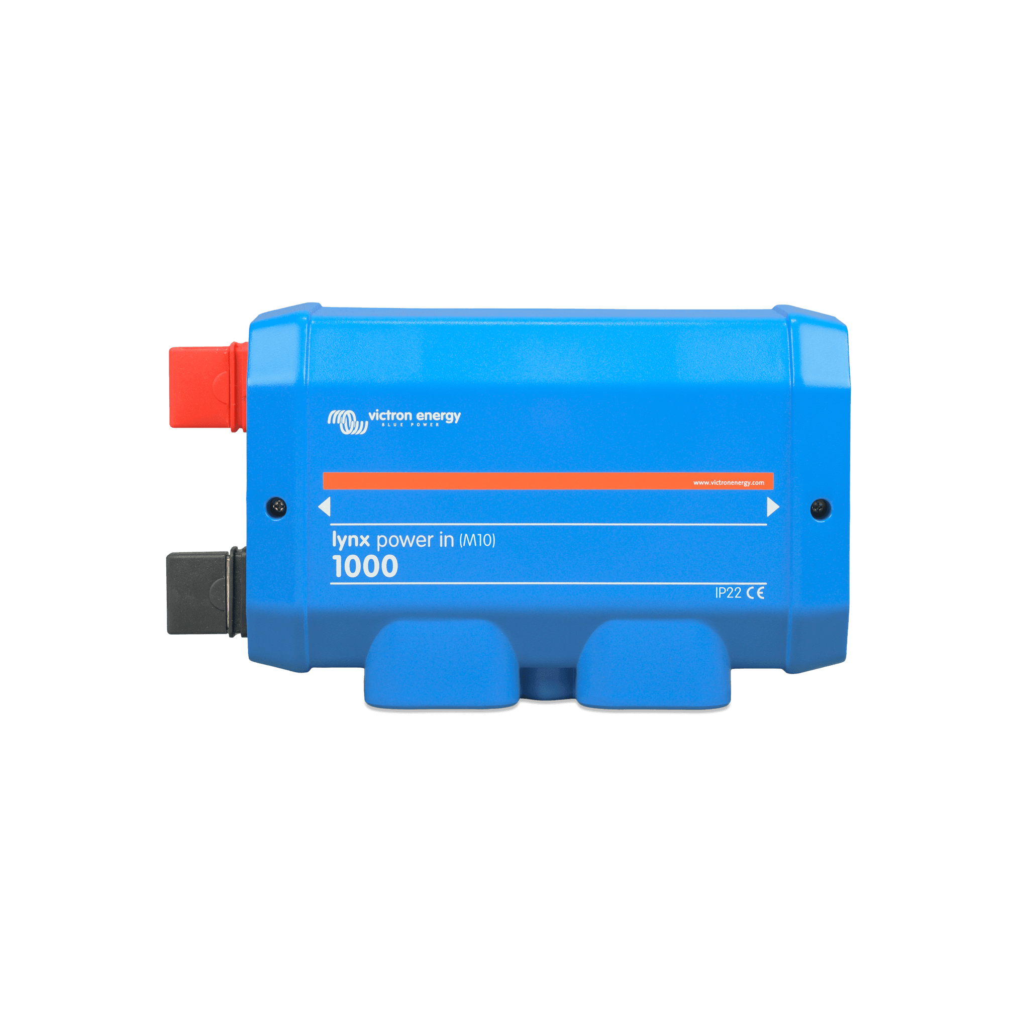 A blue, rectangular Victron Energy power distributor with an orange stripe and two ports on the left.