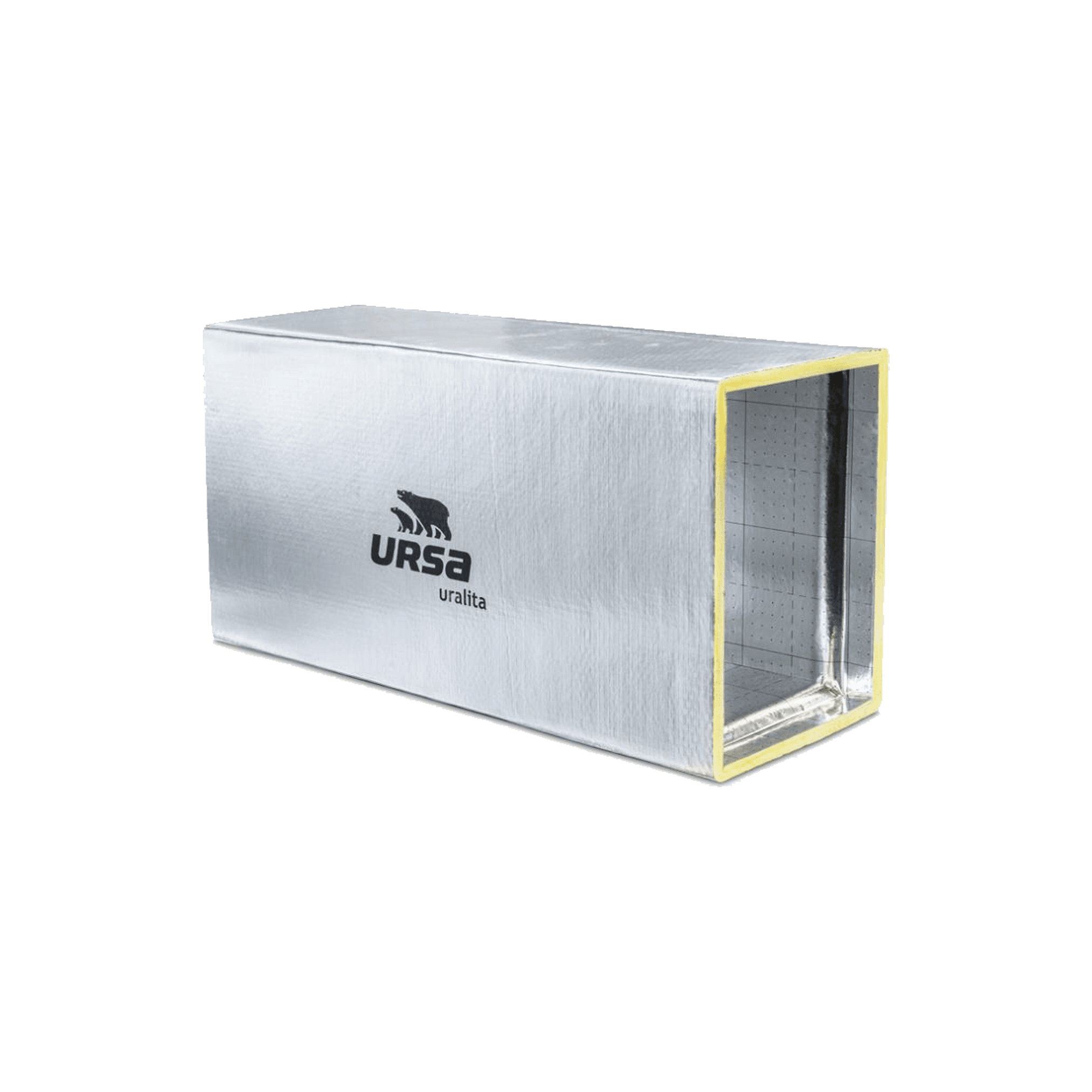 Rectangular "URSA" ventilation duct with visible yellow insulation on the edge.