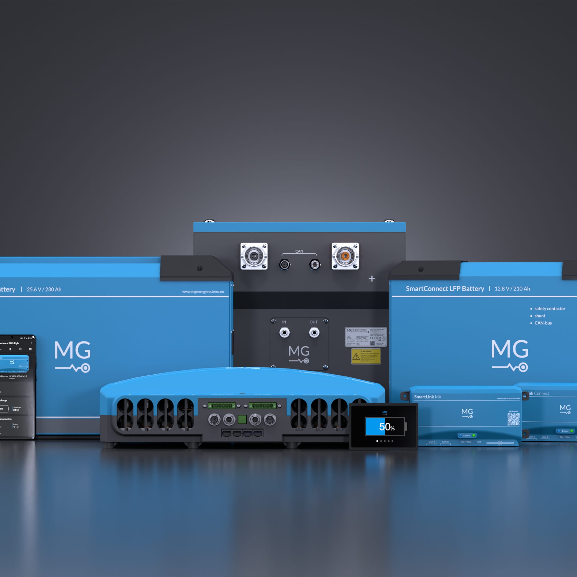 Set of energy storage system components: blue battery, inverter, charge controllers, and screen with app.