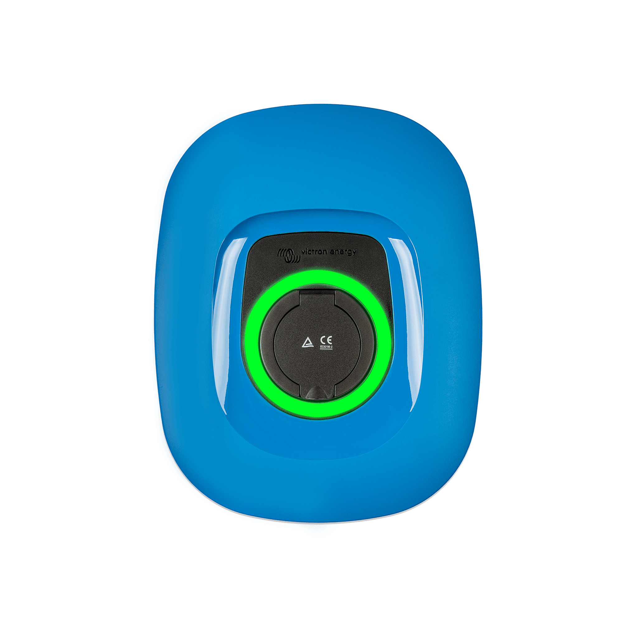 A blue, round, wall-mounted Victron Energy EV charging station with a central black port surrounded by a glowing green ring.