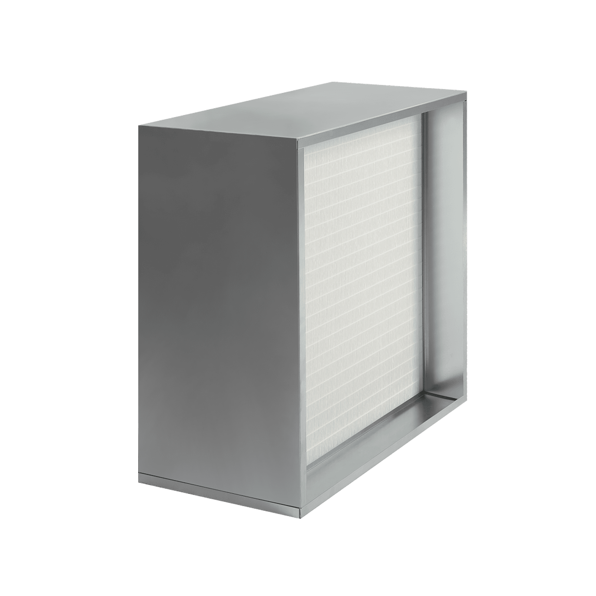 A large, rectangular air filter with a white, densely pleated filter element, placed in a silver, metal frame.