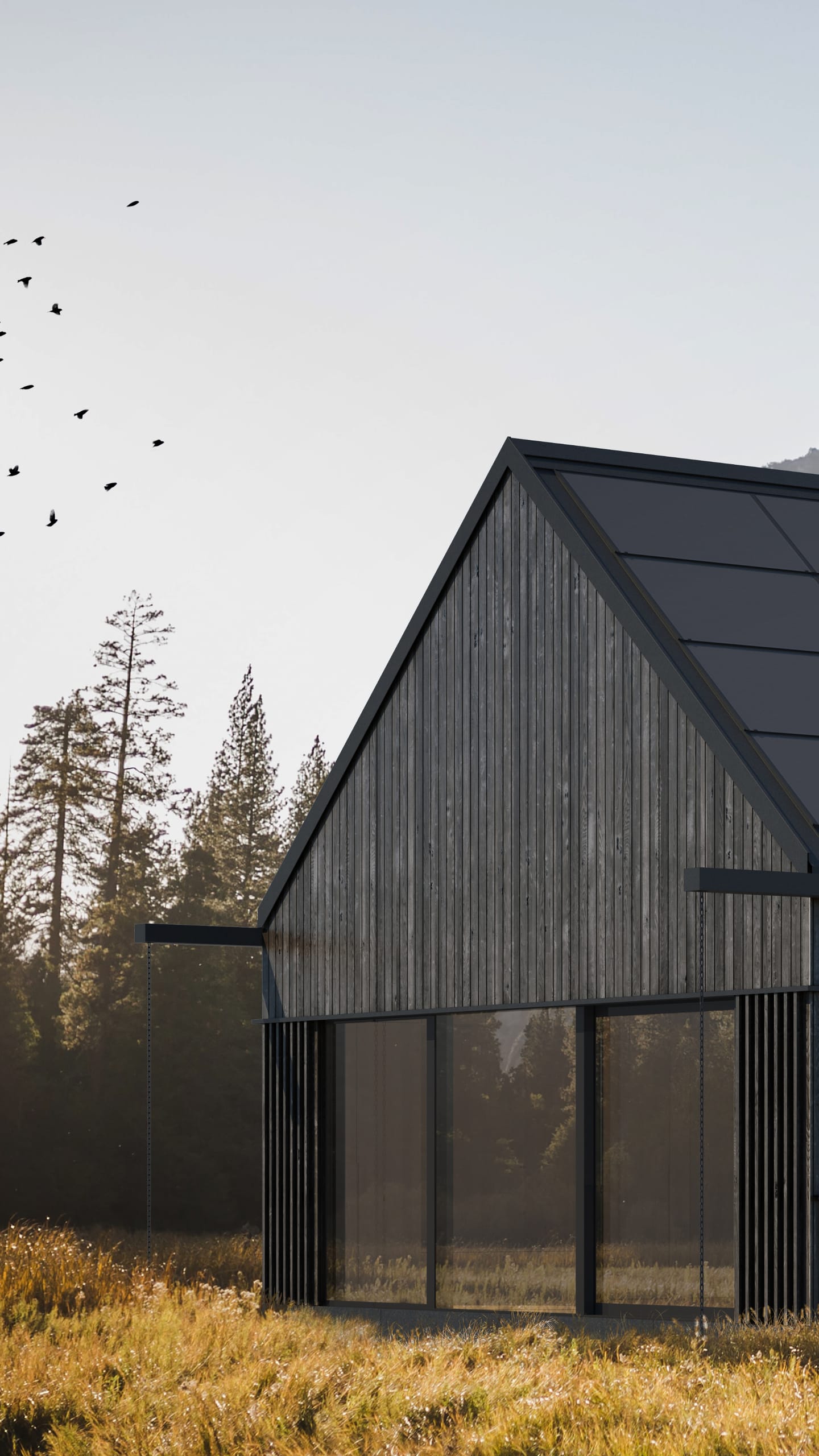 A dark modern Hombee home with a solar roof standing in a meadow at the foot of mountains.