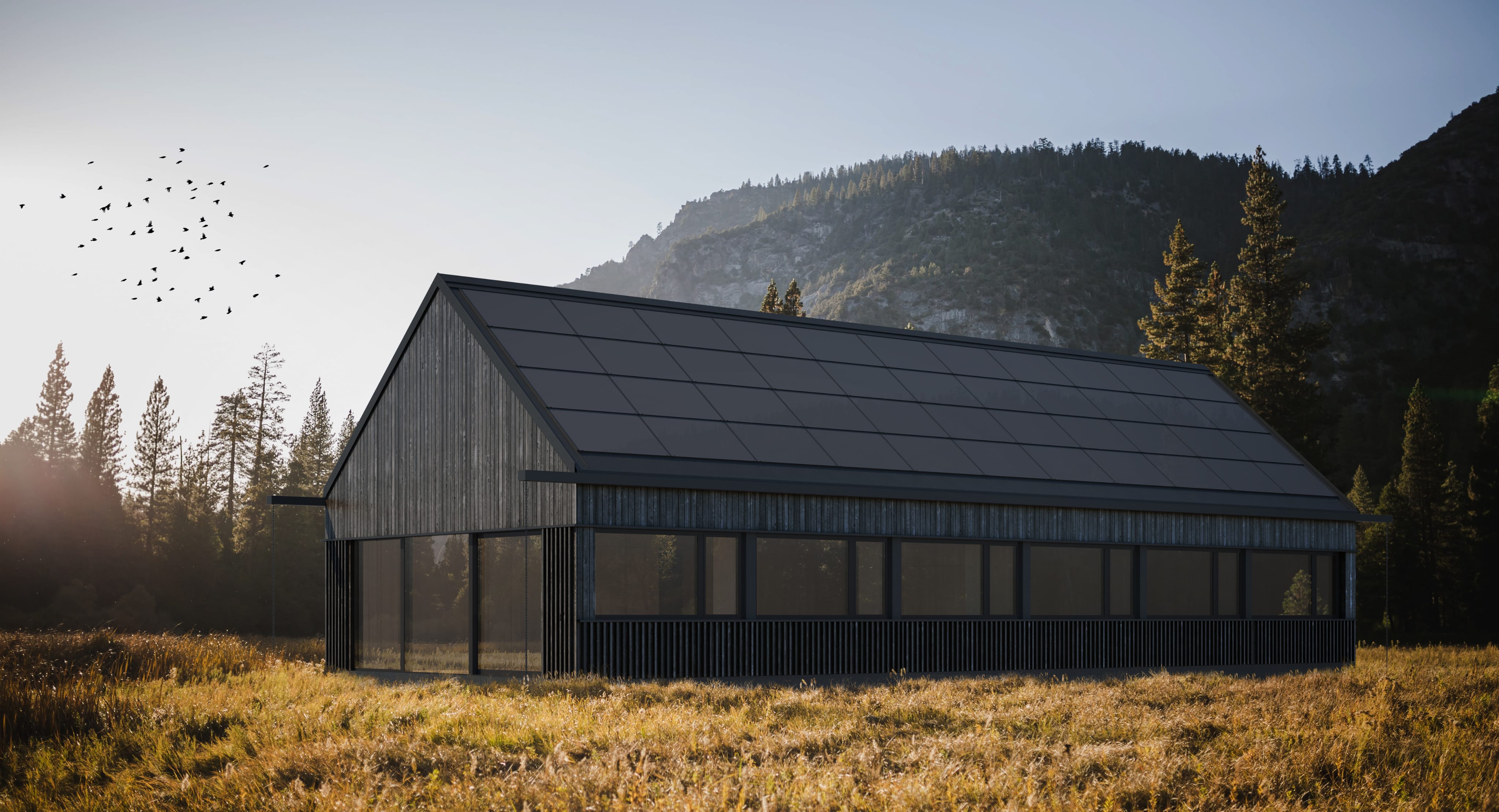 Nowoczesny dom z dachem solarnym i ciemną, drewnianą elewacją stoi na suchej łące u podnóża zalesionych gór.