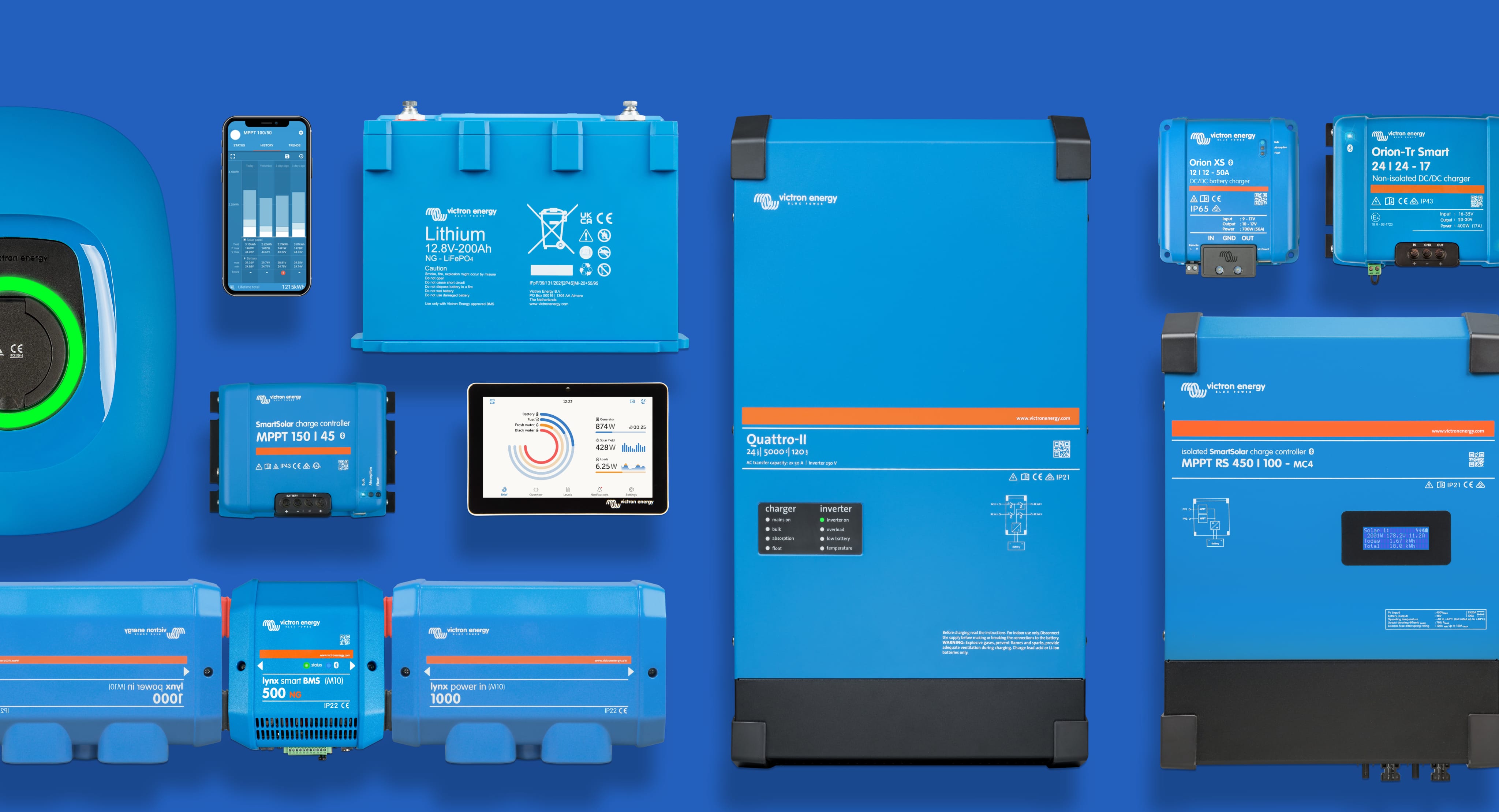A set of components for the energy storage system: a blue battery, an inverter, charge controllers, and a screen with an application.