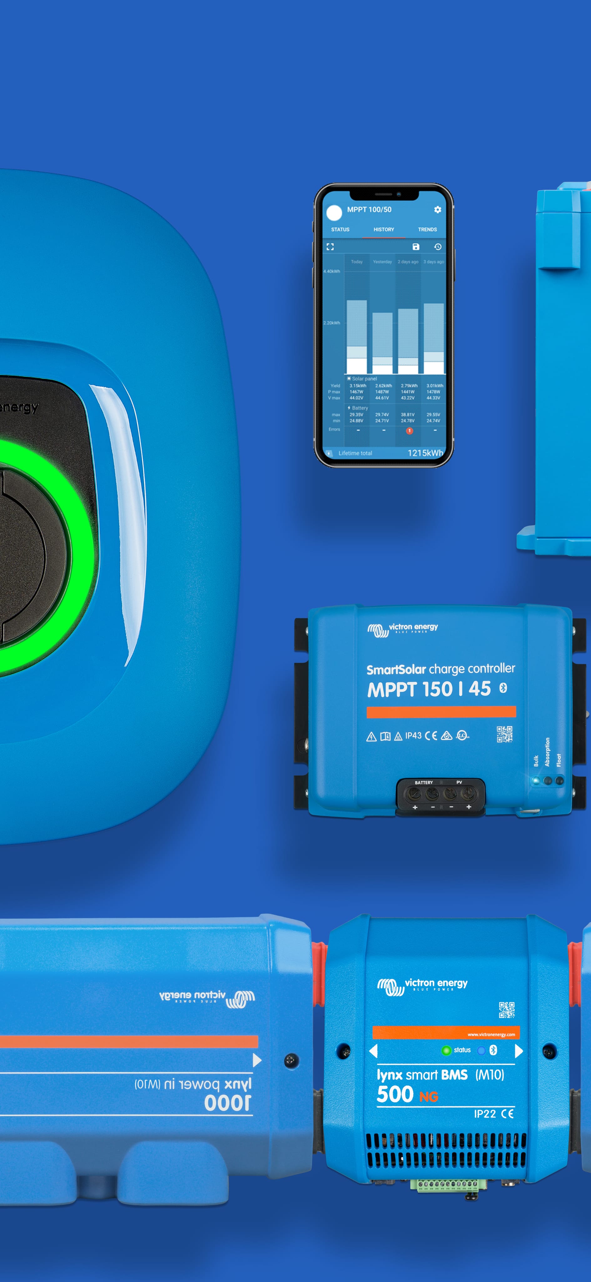 A set of components for the energy storage system: a blue battery, an inverter, charge controllers, and a screen with an application.