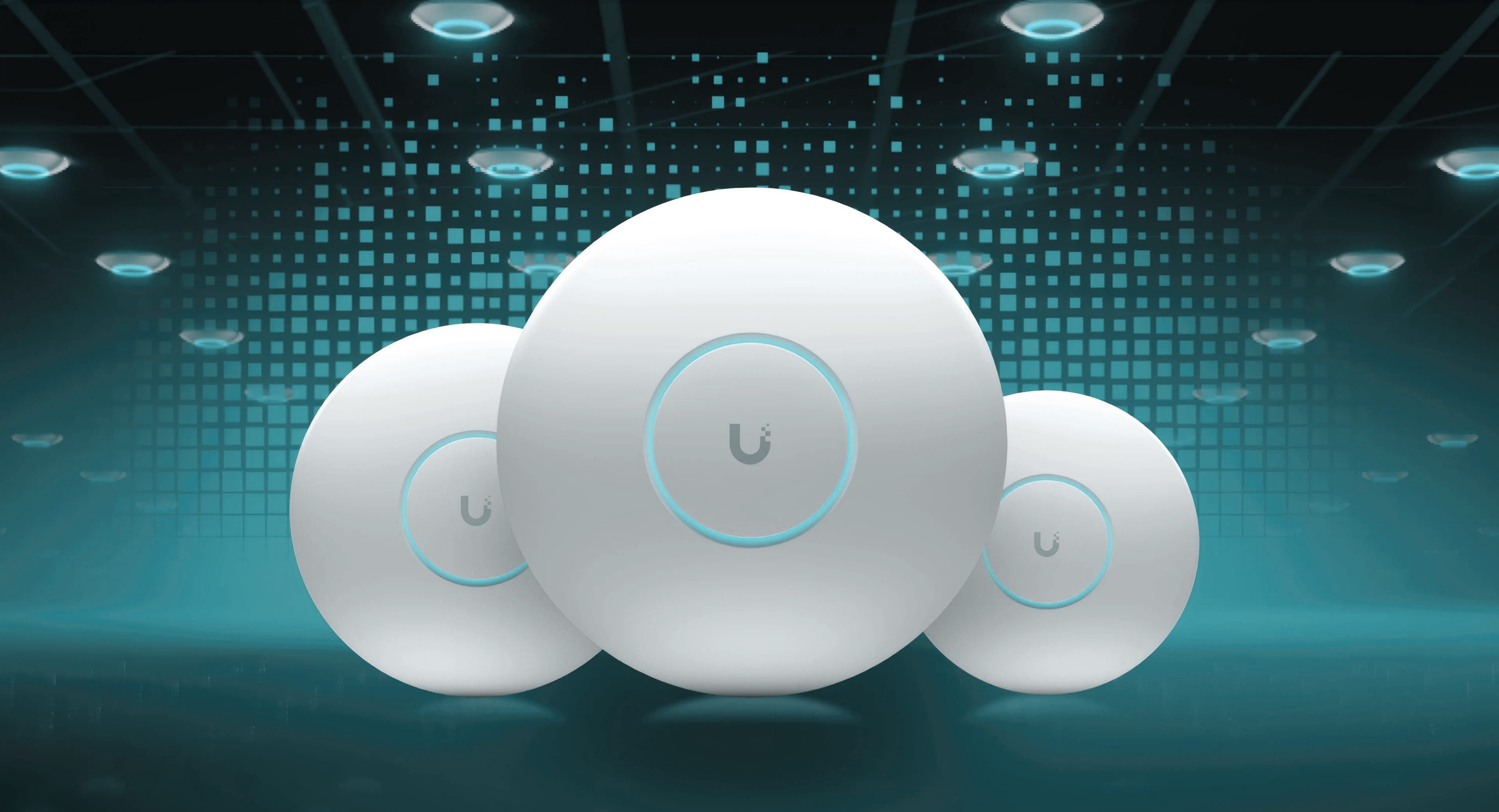 A close-up of a round, white Wi-Fi access point with a glowing blue ring. In the background, a digital, turquoise grid.