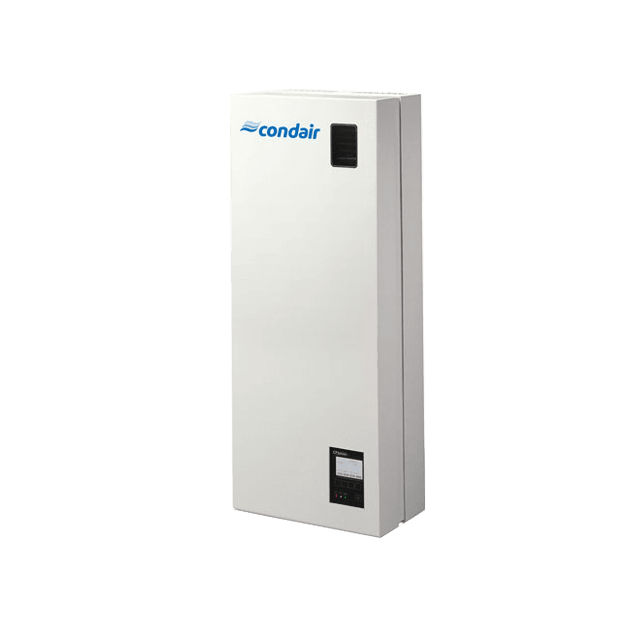 A tall, white air humidifier with a small, blue logo at the top and a digital control panel at the bottom.