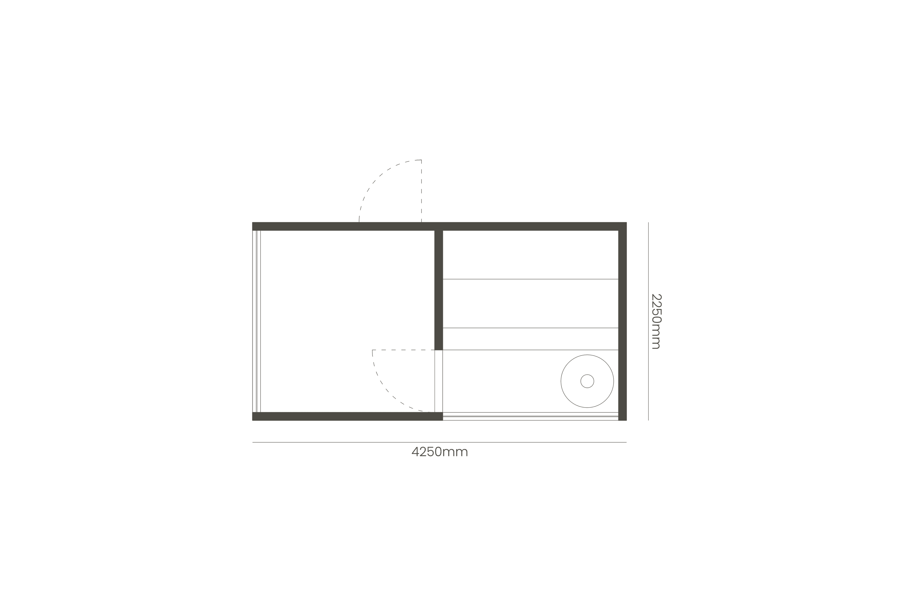 Plan of a sauna measuring 4250mm by 2250mm. On the left is the anteroom, and on the right is the main cabin with benches and a round stove.