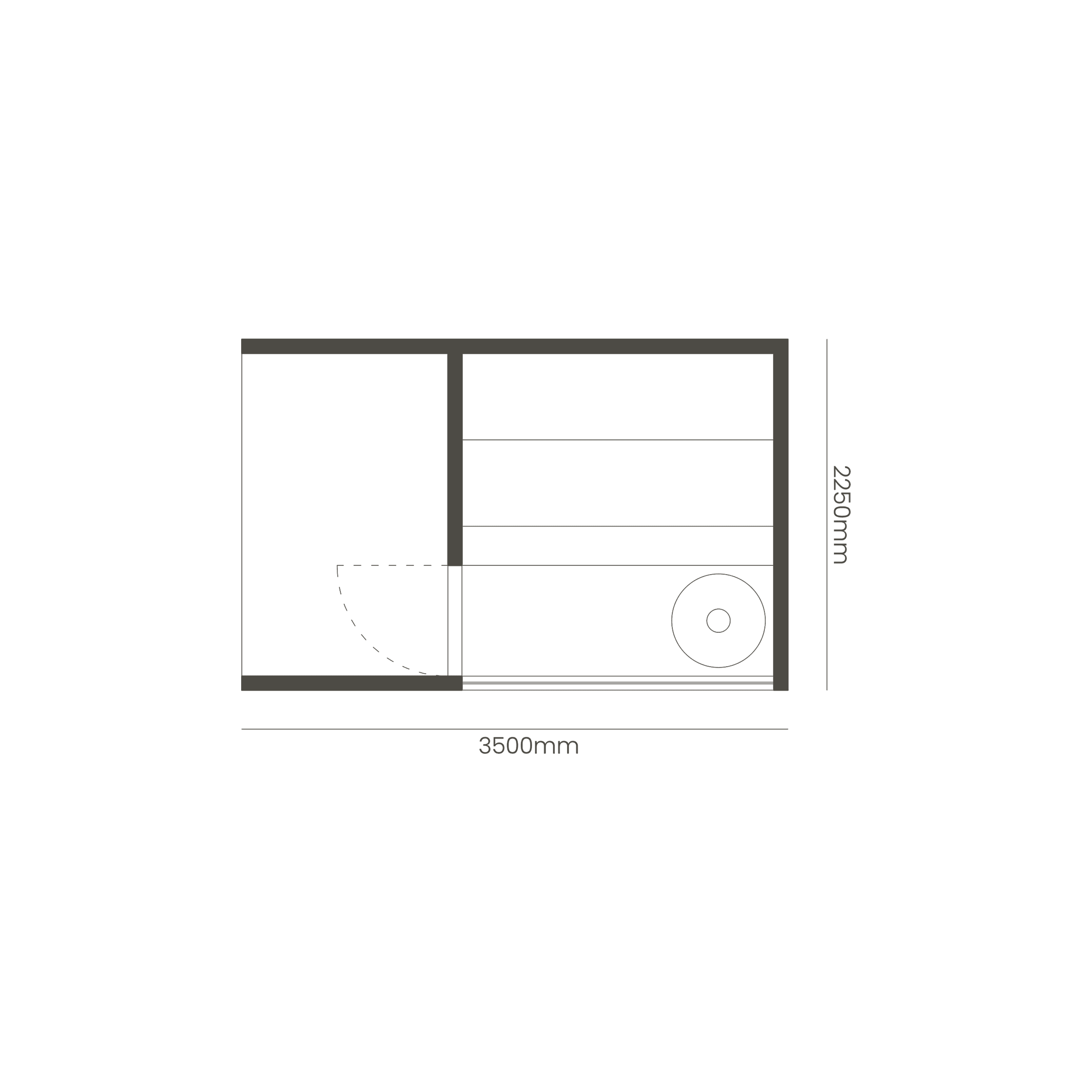 Schematic plan of a sauna measuring 3500 mm by 2250 mm. The plan shows the sauna cabin on the left and a long bench with a round stove on the right.