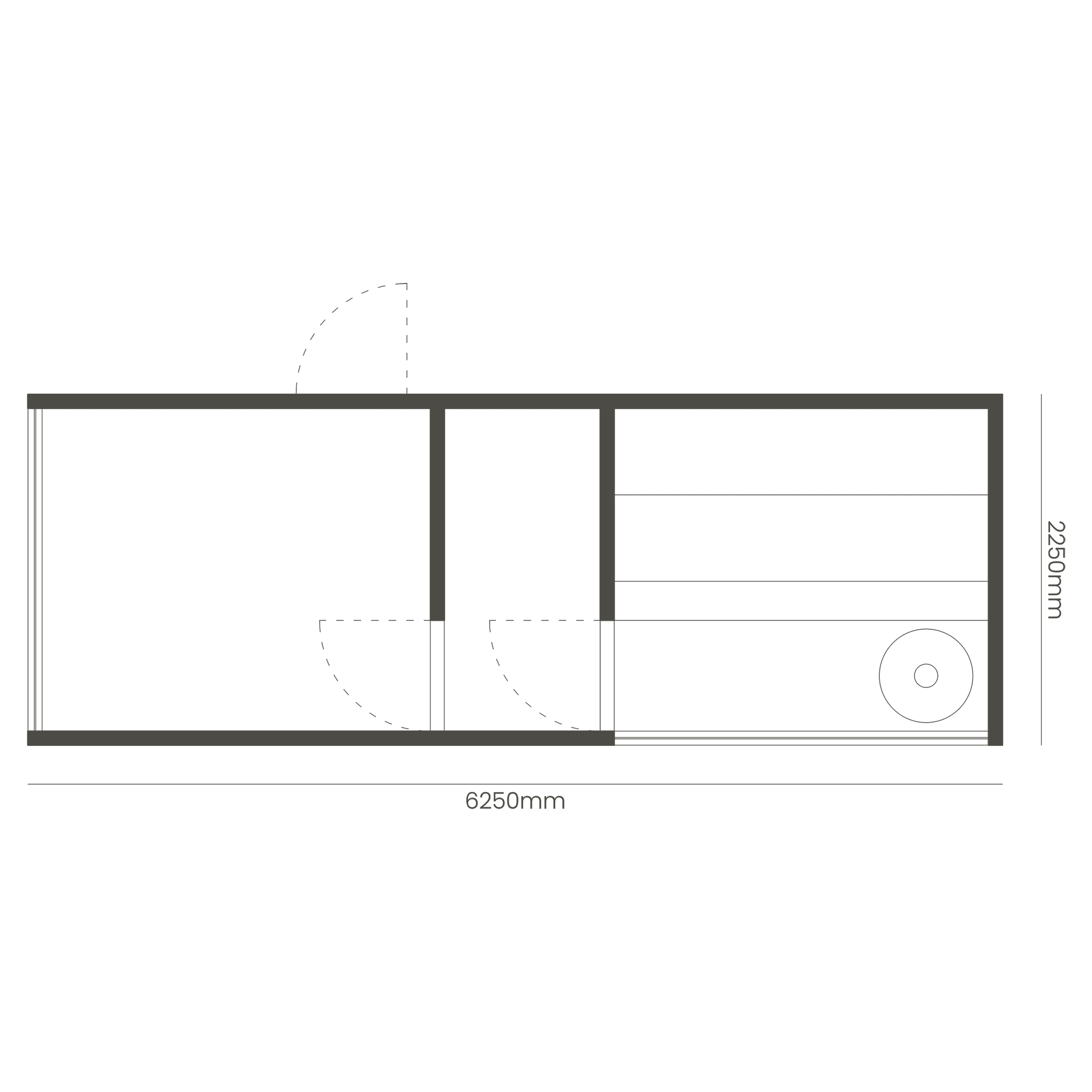Plan of a long sauna module measuring 6250mm by 2250mm. It consists of three parts: a room, a changing room and a sauna cabin with benches and a stove.