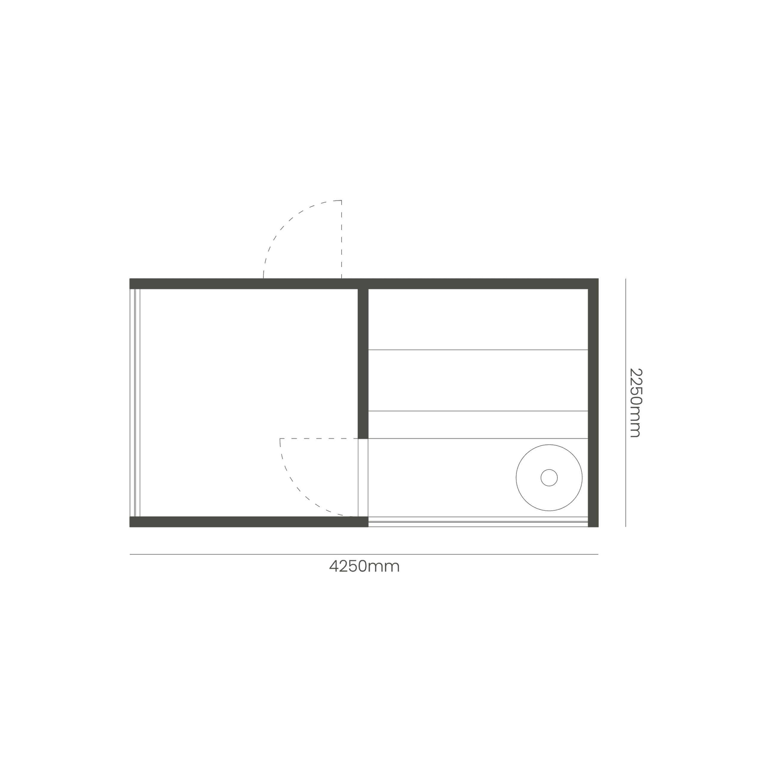Plan of a sauna measuring 4250mm by 2250mm. On the left is the anteroom, and on the right is the main cabin with benches and a round stove.