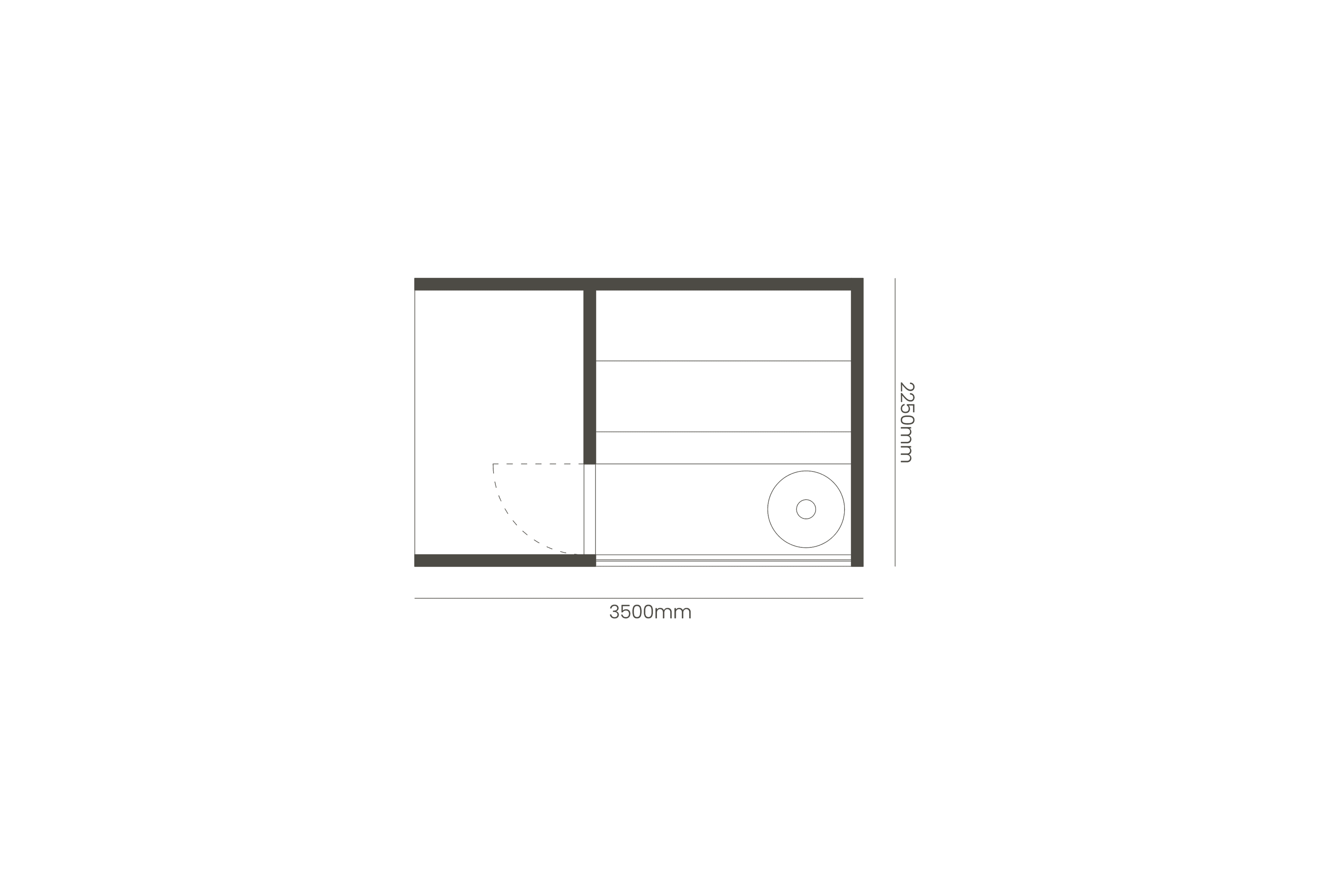 Schematic plan of a sauna measuring 3500 mm by 2250 mm. The plan shows the sauna cabin on the left and a long bench with a round stove on the right.