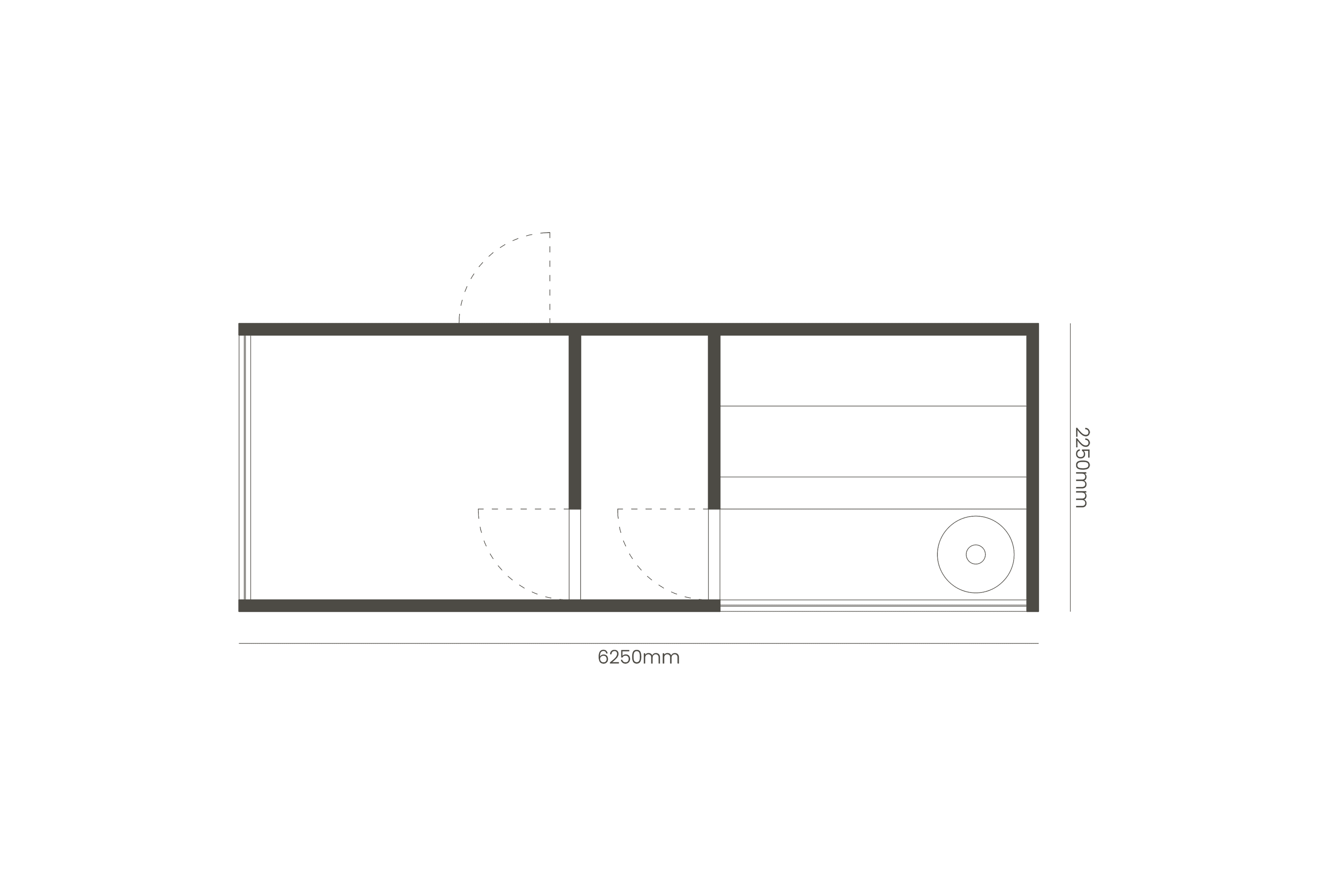 Rzut długiego modułu sauny o wymiarach 6250mm na 2250mm. Składa się z trzech części: pokoju, przebieralni i kabiny sauny z ławkami i piecem.
