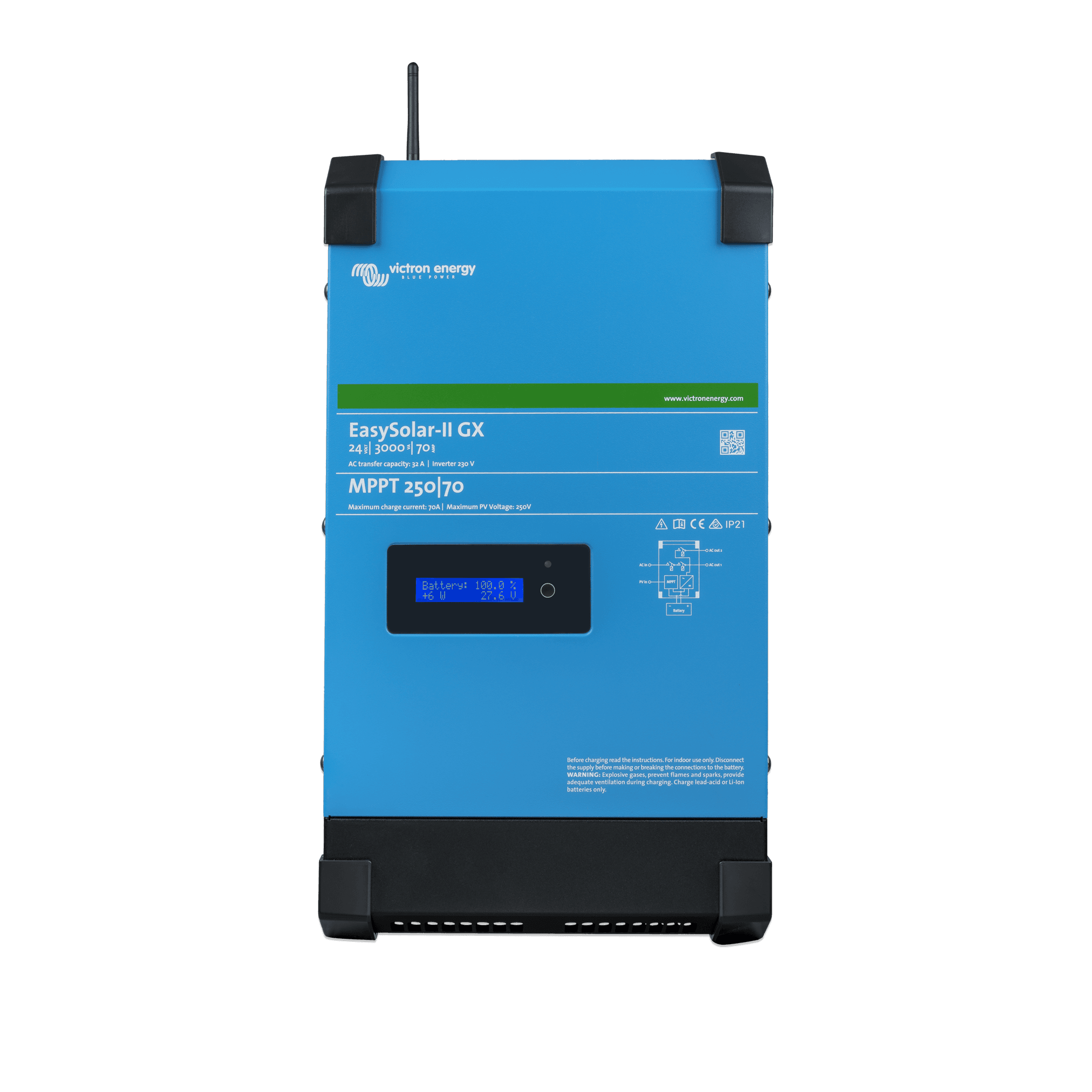 A blue, integrated "EasySolar-II GX" device from Victron Energy, equipped with a small digital display and a black antenna.