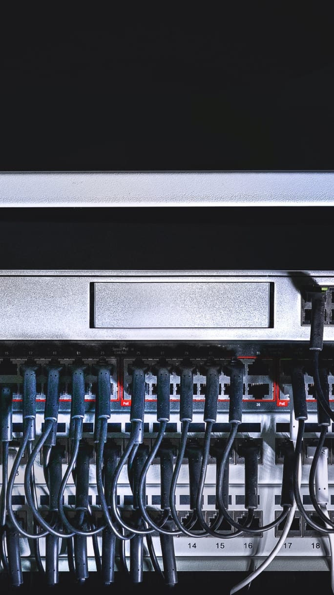 A network switch with organized cabling.