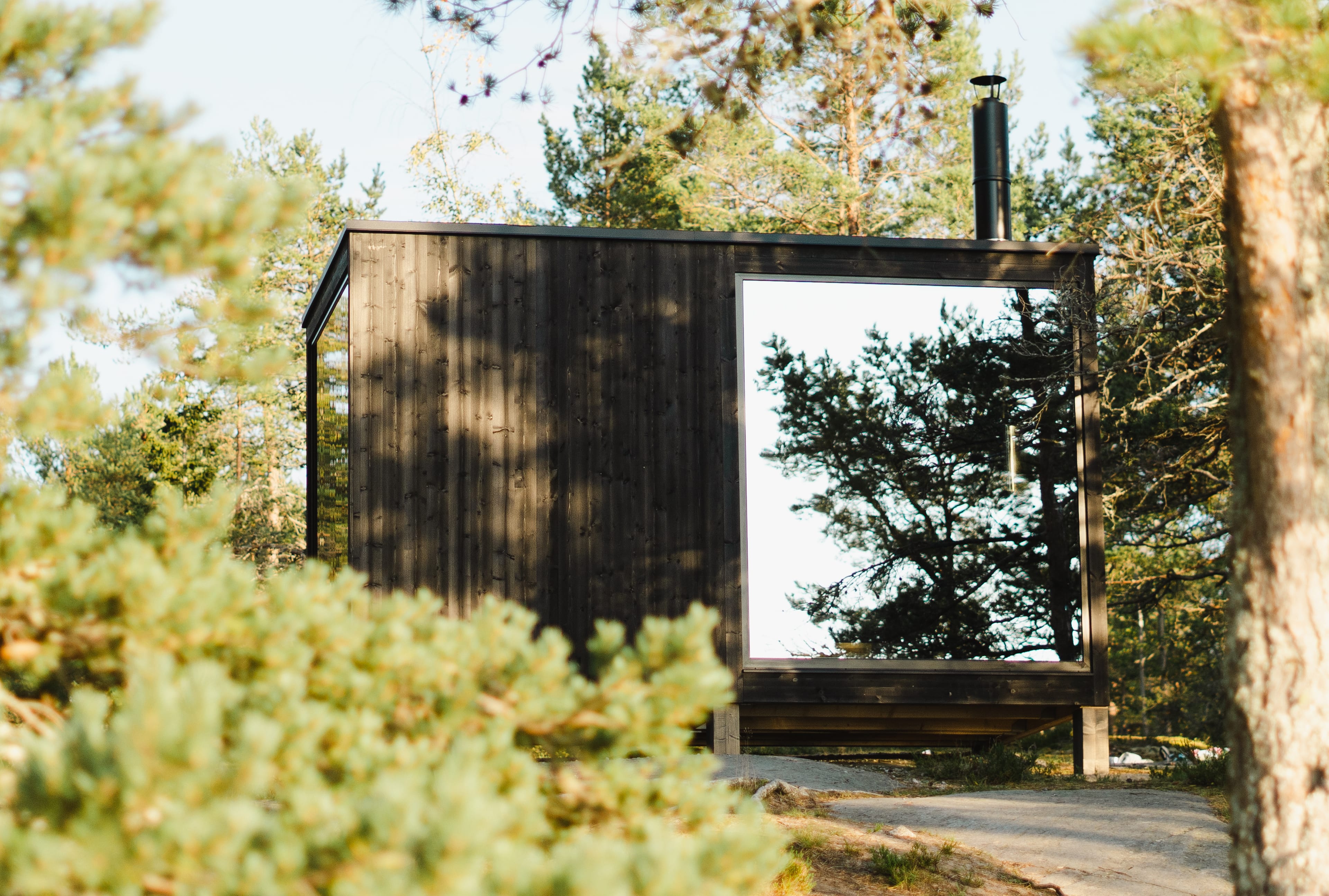 Ciemna, nowoczesna sauna z drewna stoi w lesie sosnowym. Ma duże lustrzane okno, w którym odbijają się drzewa, i komin na dachu.