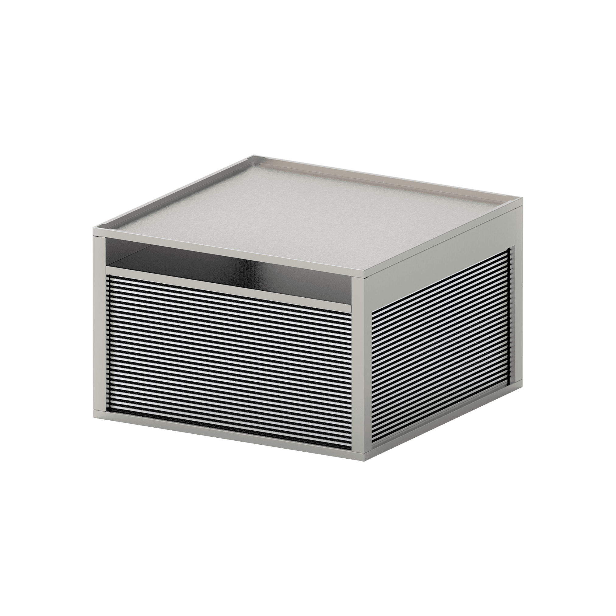 Square, metal air intake or exhaust with horizontal, dense louvers.