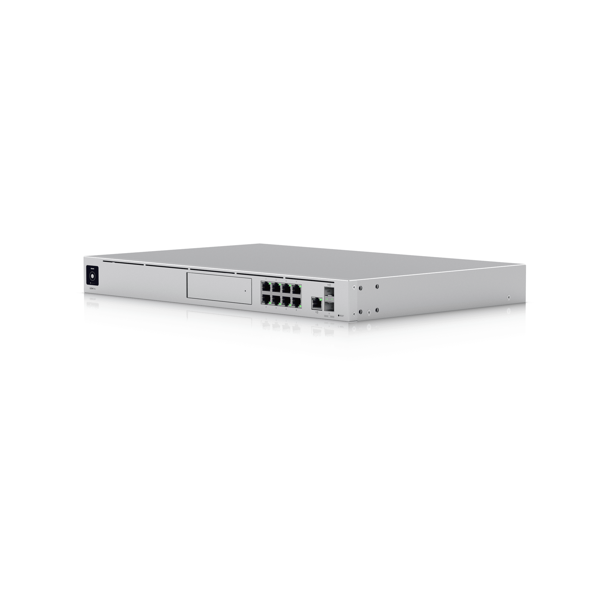 A flat, silver Ubiquiti network switch with Ethernet ports.