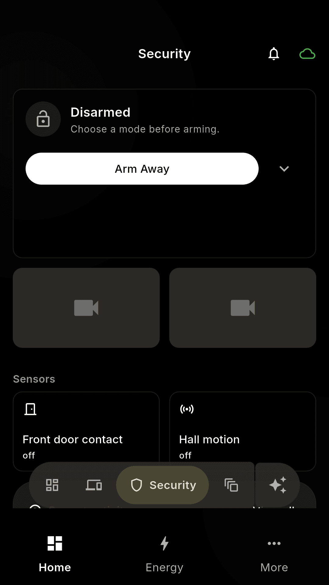 Hombee security view with the current alarm mode, cameras, sensors and recent activity.