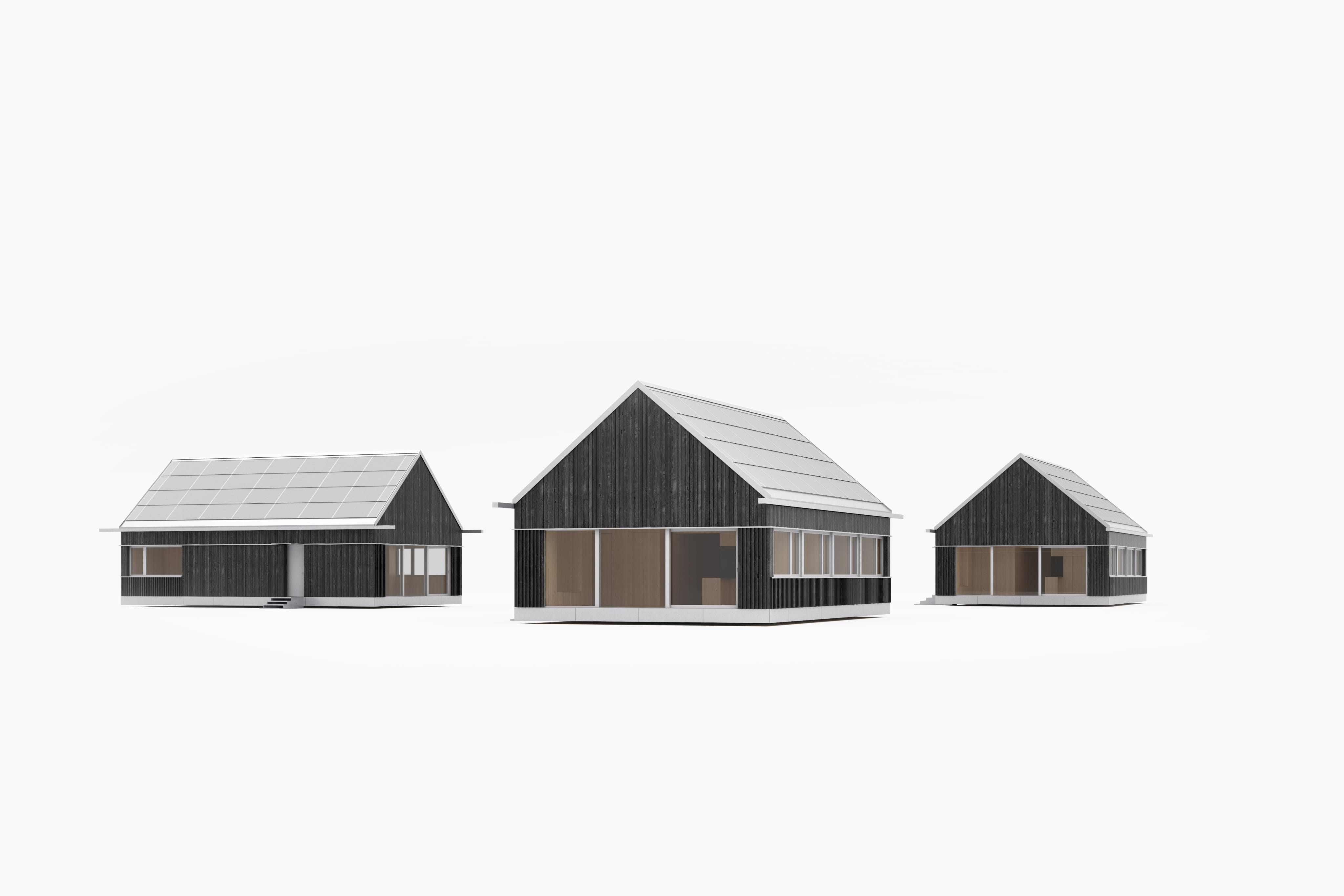 Three Hombee modular home variants displayed on a bright background.