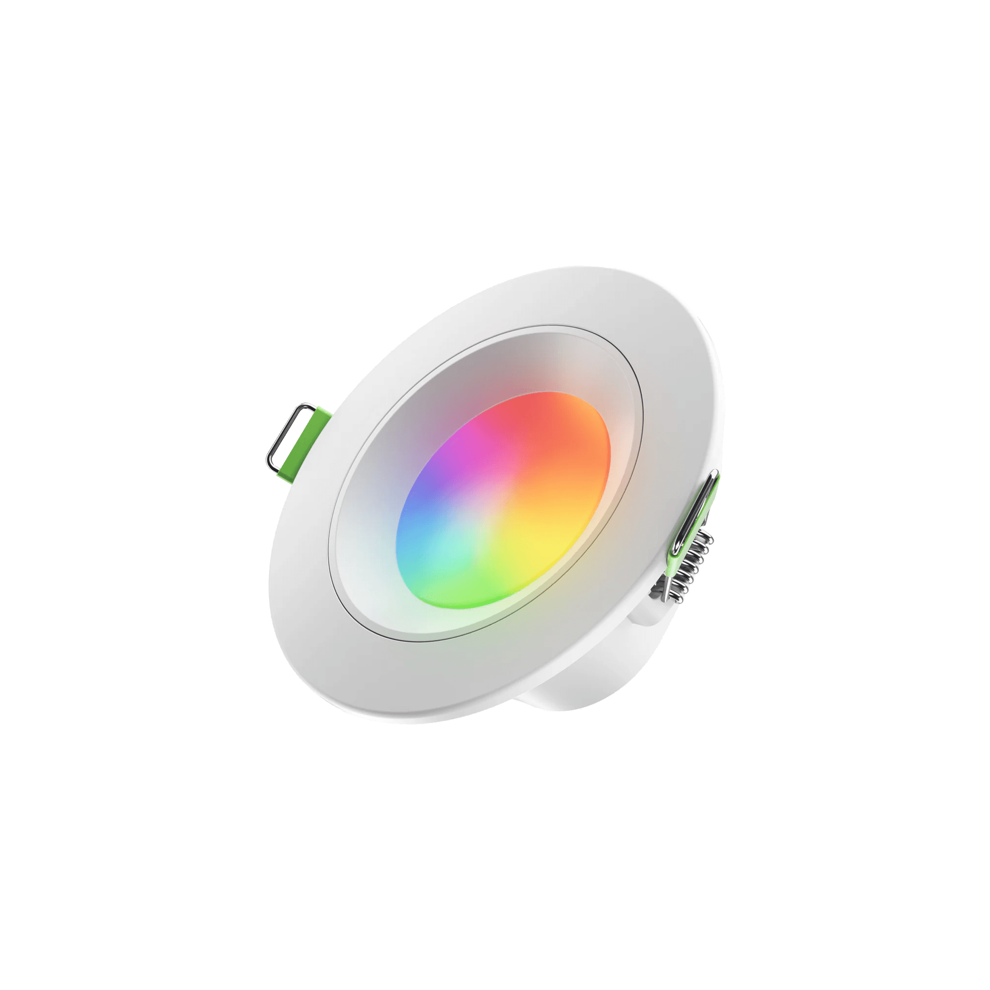 Okrągła, inteligentna oprawa oświetleniowa LED typu downlight, wyświetlająca tęczowe, wielokolorowe światło.